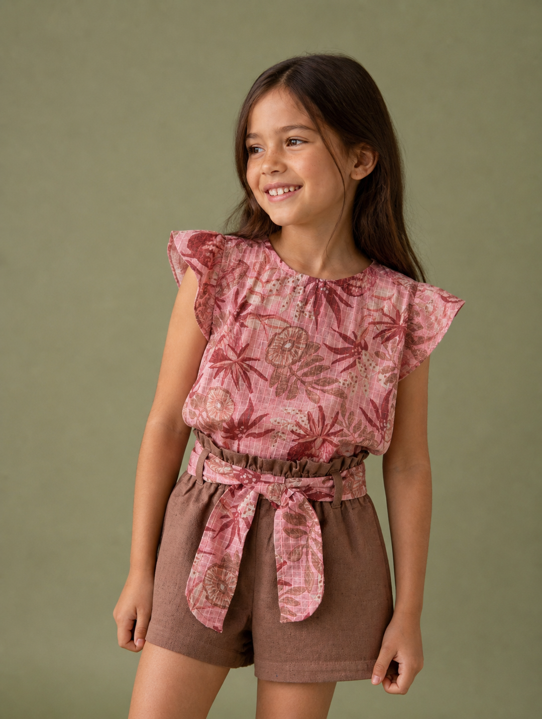 Completo Estivo Bambina in Cotone con Stampa Tropicale e Fiocco