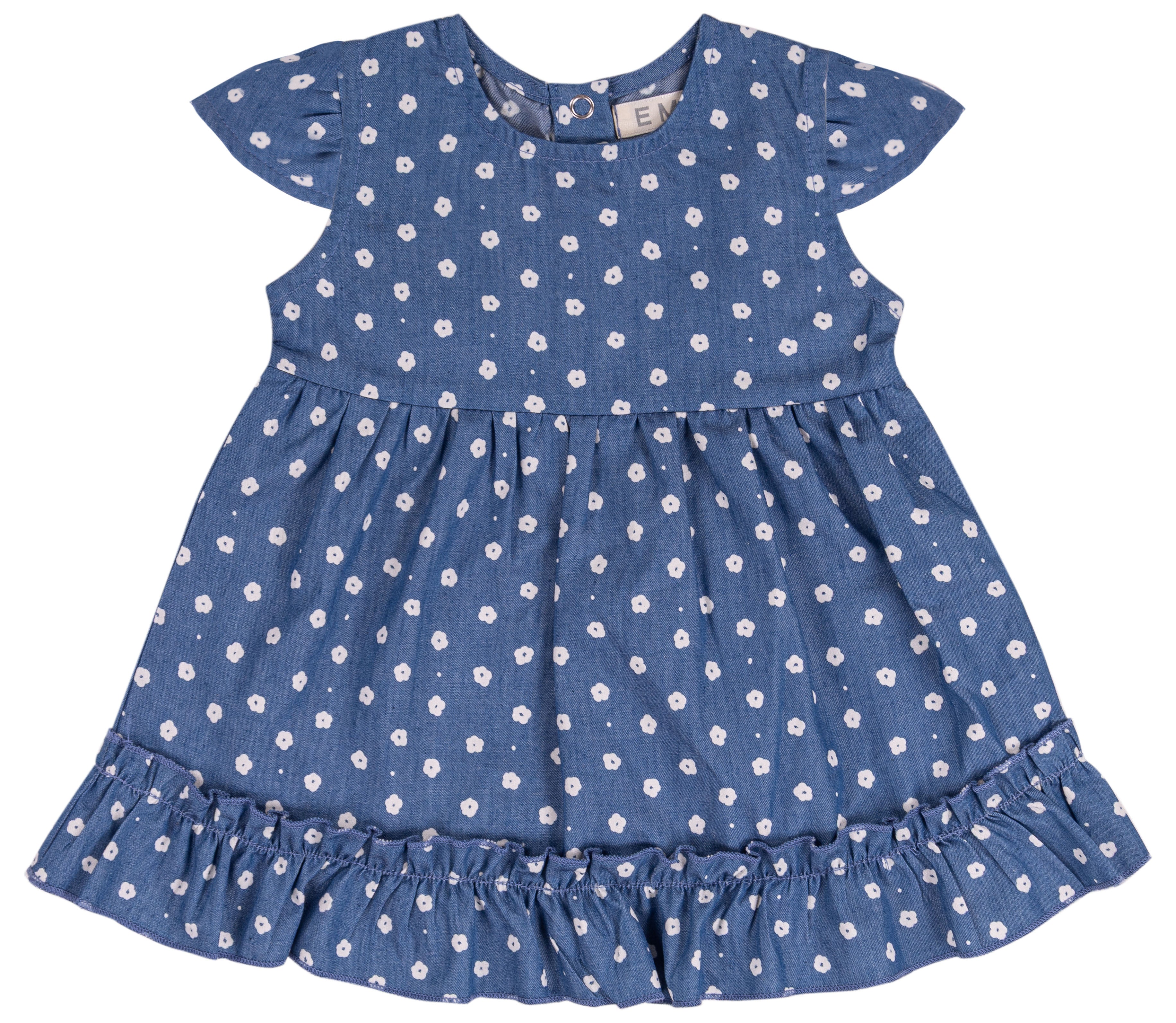 Vestito Bambina 100% Cotone Blu a Fiorellini Bianchi
