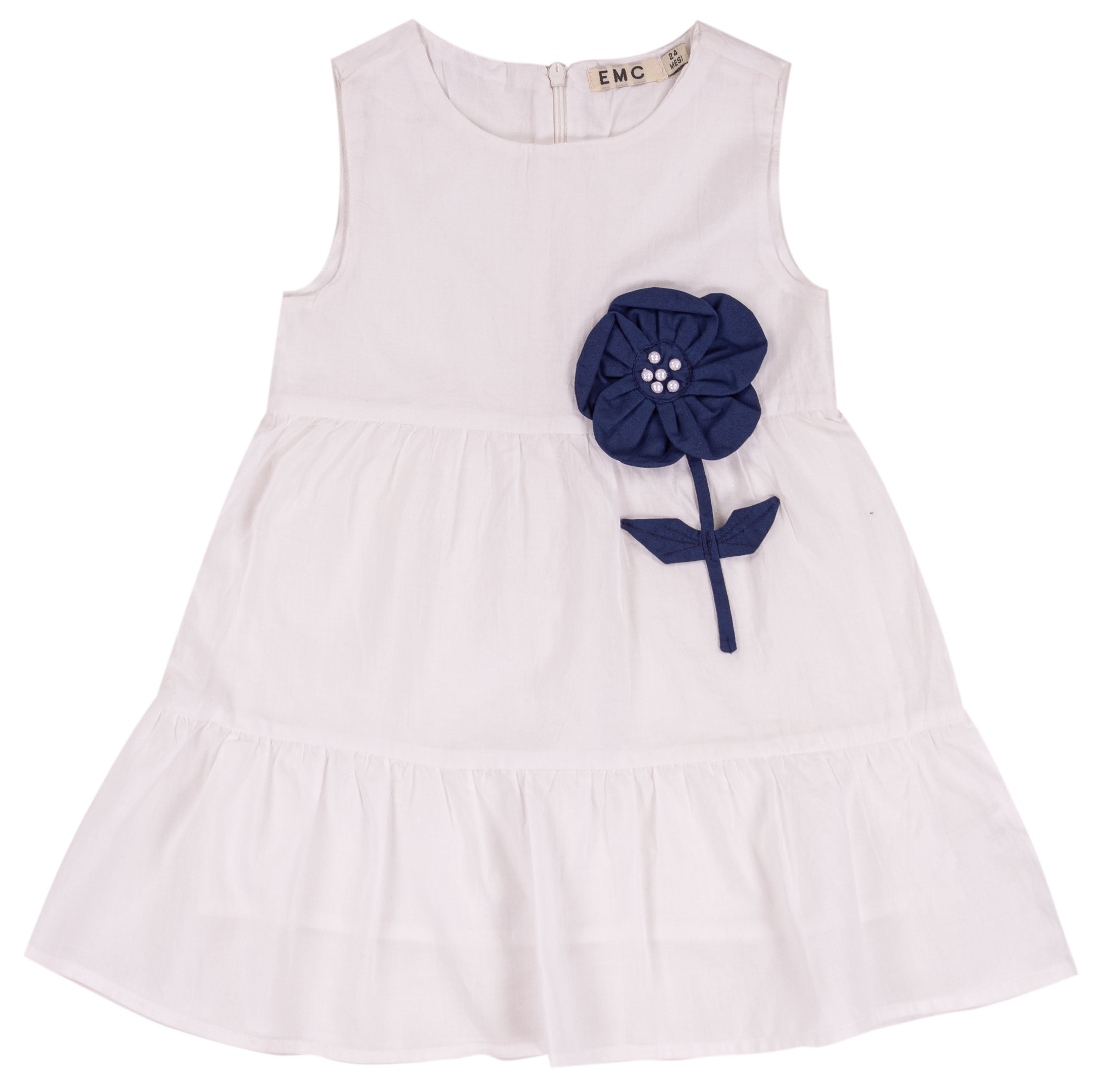 Abito Estivo Bimba in Cotone Bianco con Fiore Blu
