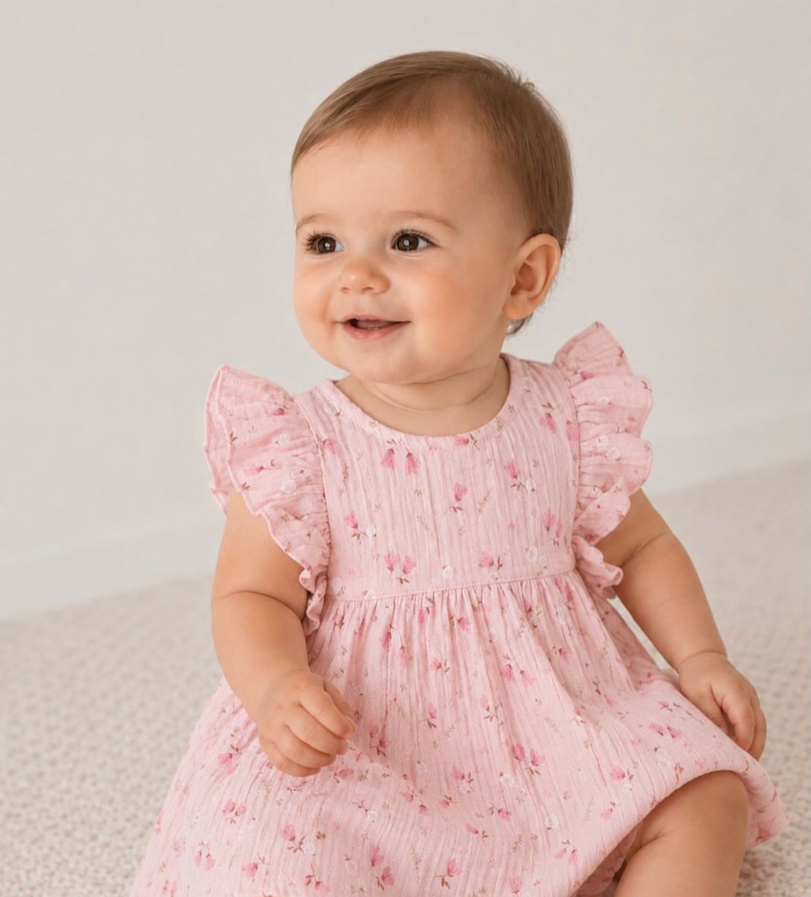 Abito Bimba in Cotone Rosa con Spalline a Volant e Fiori