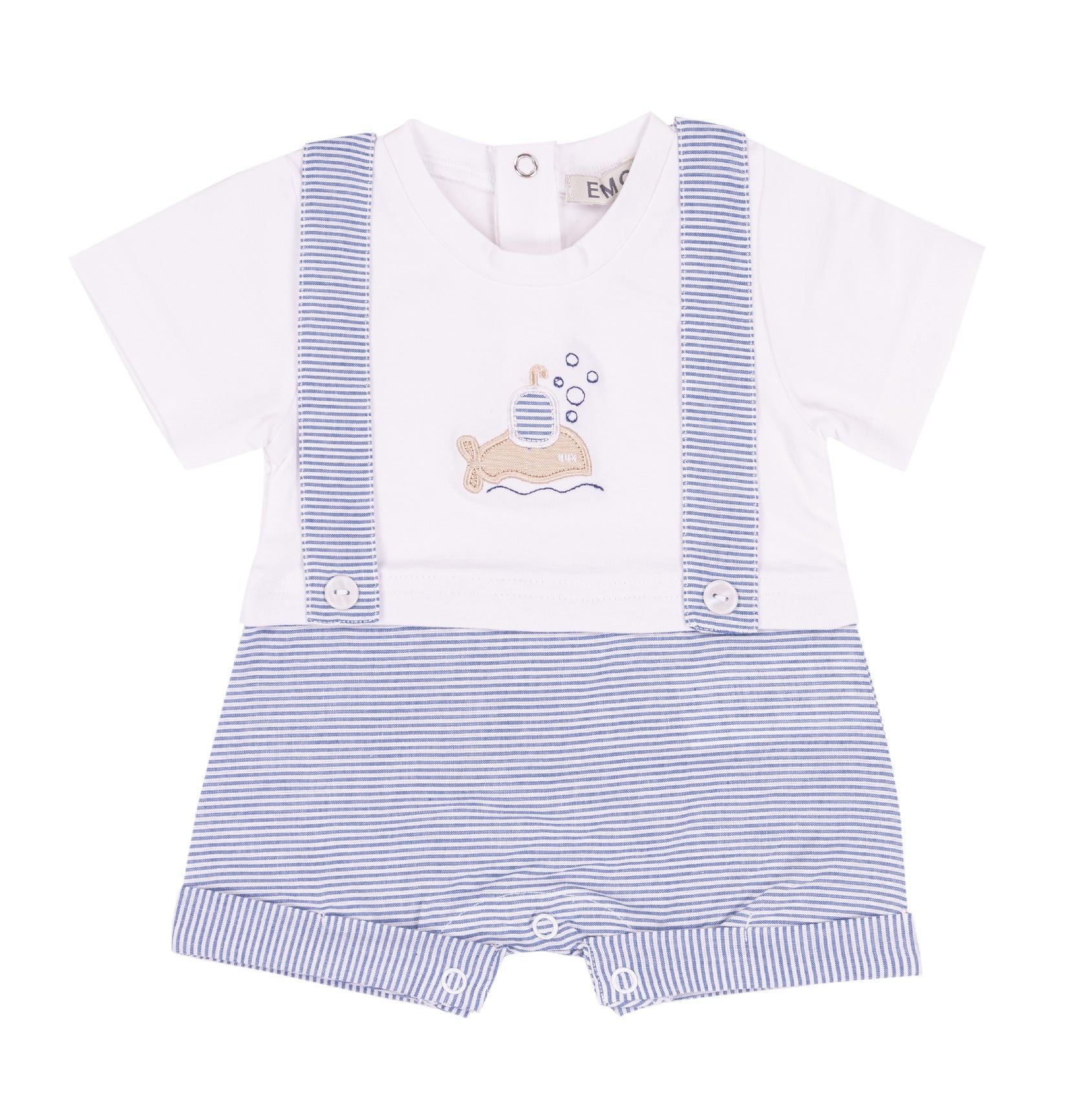 Pagliaccetto Neonato in Cotone Stretch con Effetto Salopette e Sottomarino