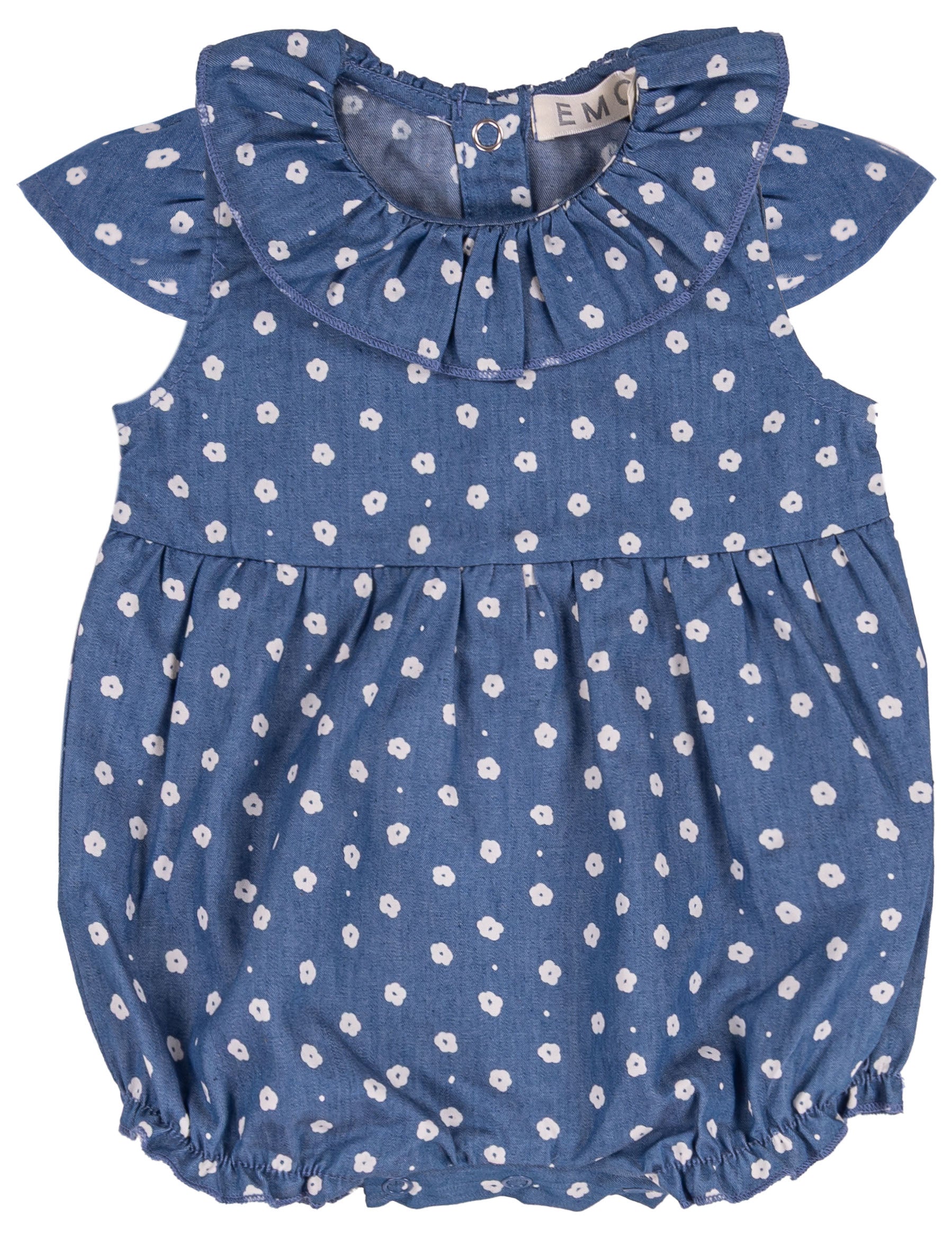 Pagliaccetto Bimba in Cotone Chambray Blu con Fiori e Maxi Volant