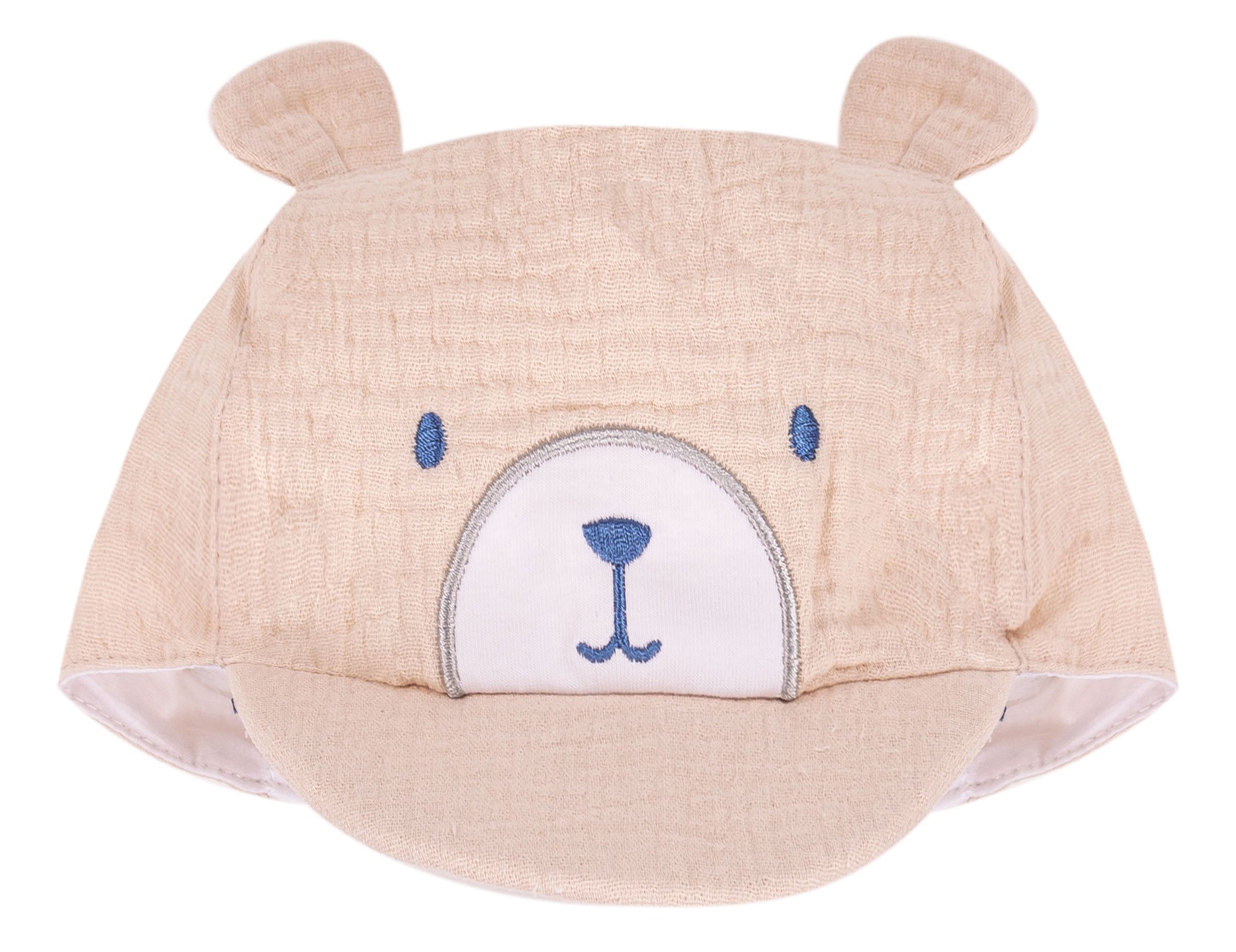Cappello Neonato in Cotone con Orecchie e Ricamo Orsetto