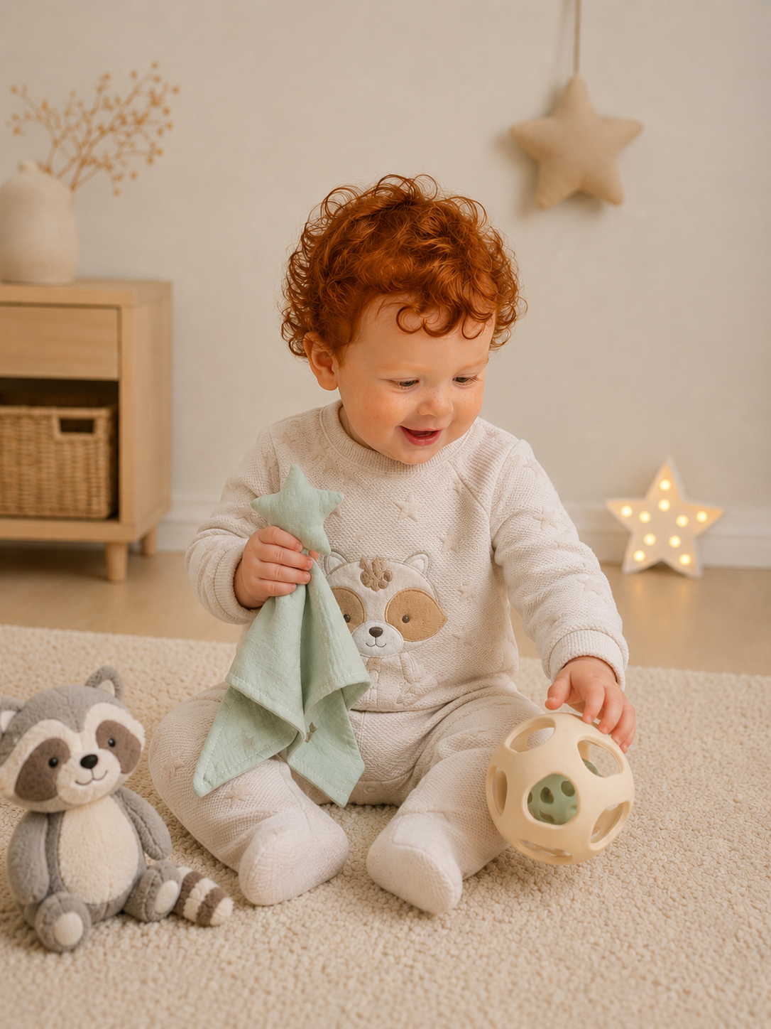 Tutina Neonato Unisex con Piedini in Ciniglia Effetto Stelle e Procione