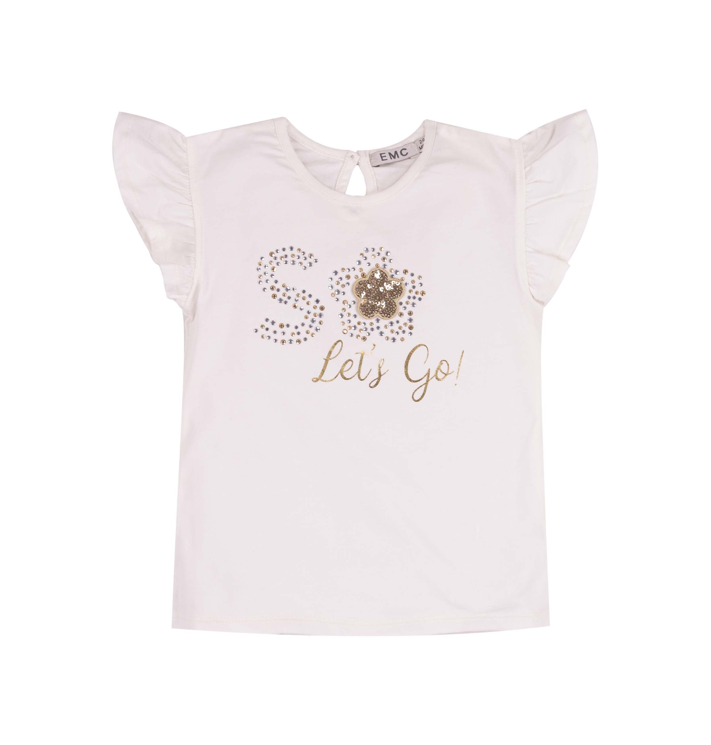 T-Shirt Bambina in Cotone Elasticizzato con Spalline a Volant e Strass