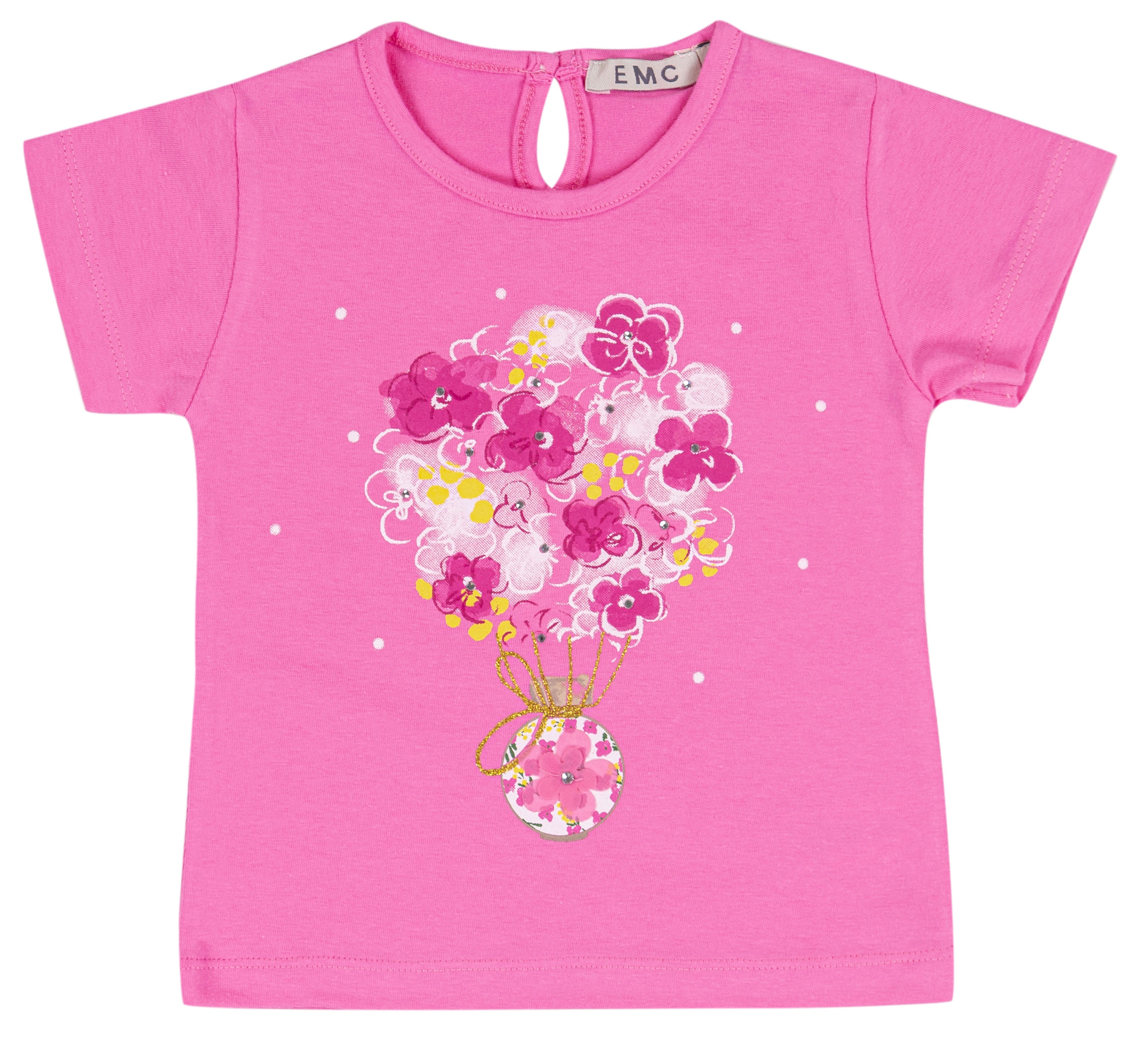 T-shirt Bimba in Cotone Elasticizzato con Ricamo Fiori e Farfalla