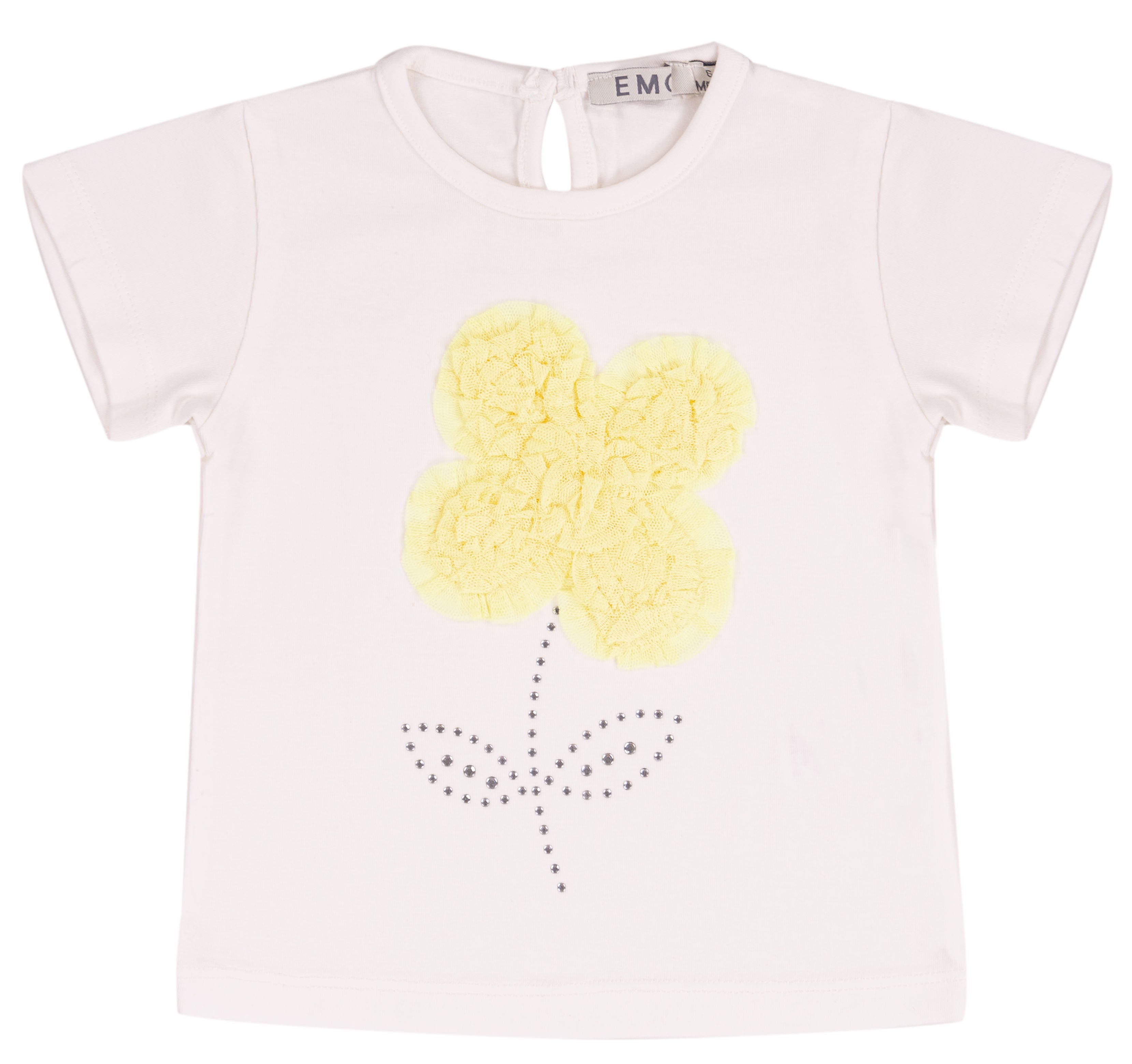 T-shirt Bimba in Cotone Elasticizzato con Fiore in Tulle e Strass