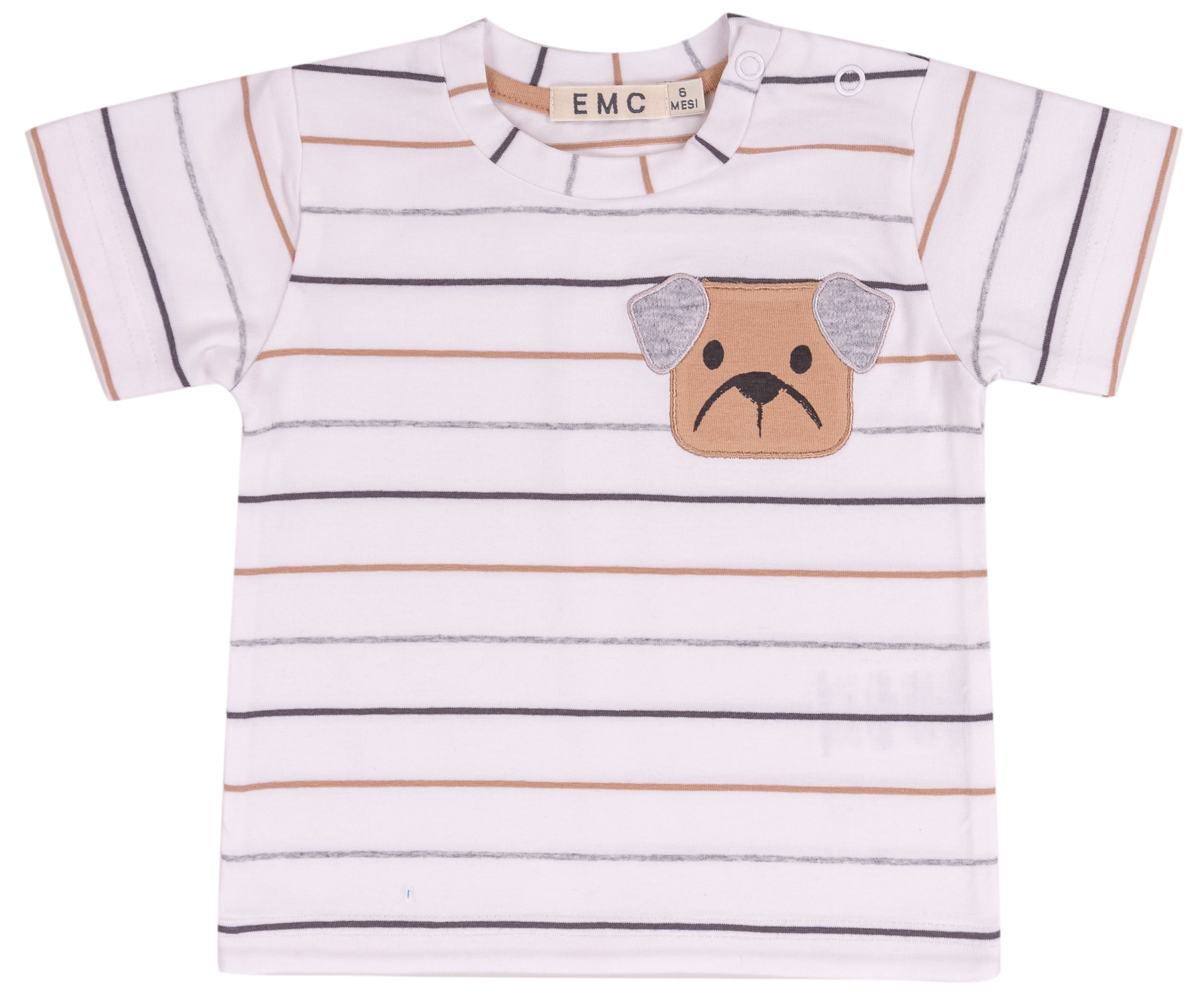T-shirt Bambino a Righe con Ricamo Cagnolino in Cotone Elasticizzato