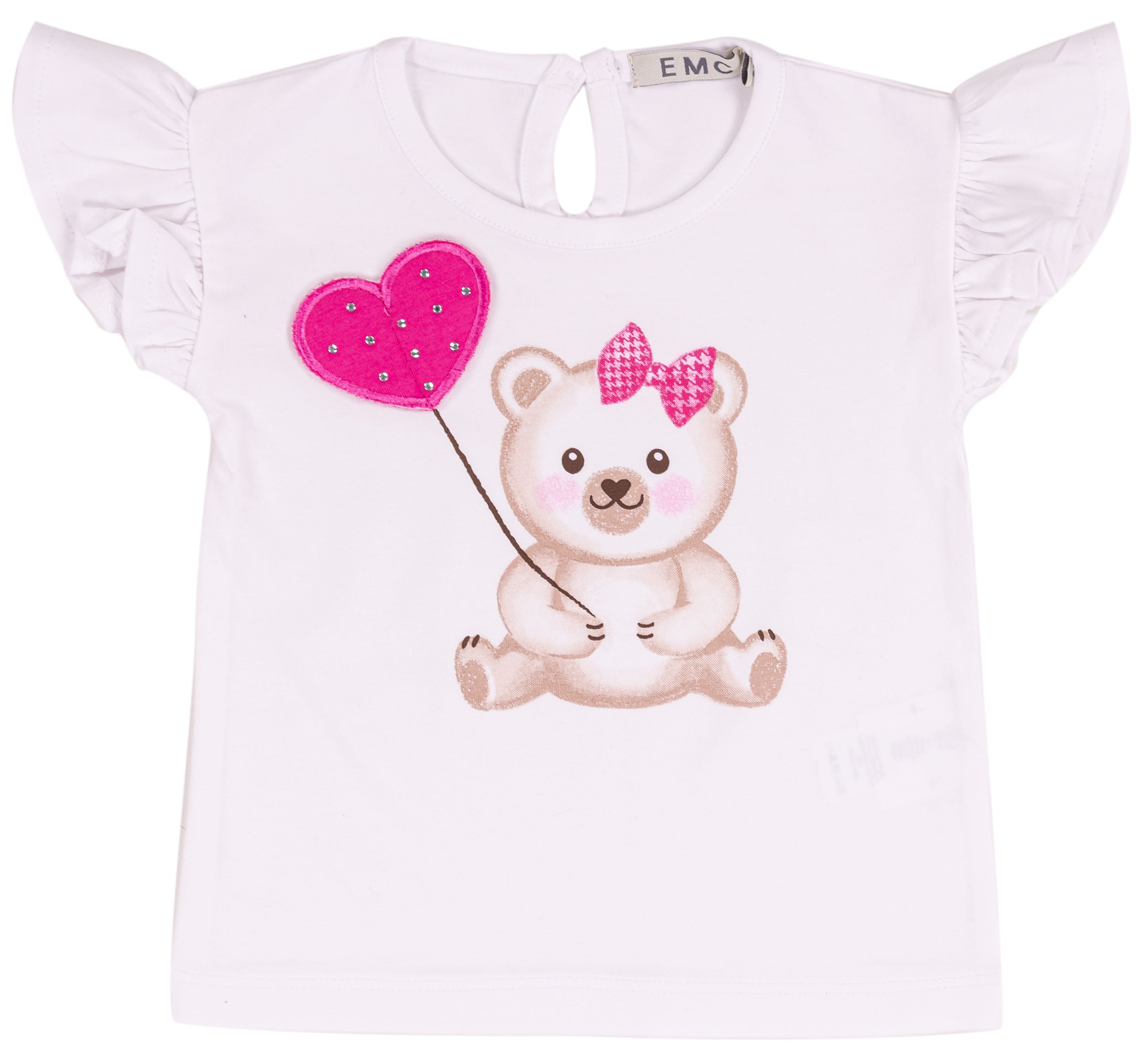 T-shirt Bambina in Cotone Elasticizzato con Maniche a Volant e Stampa Orsetto