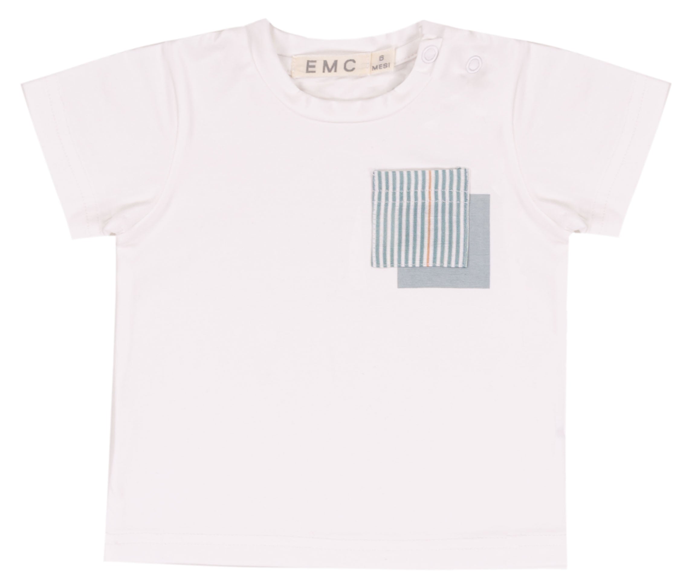 T-shirt Bambino in Cotone Bianco con Taschino a Righe