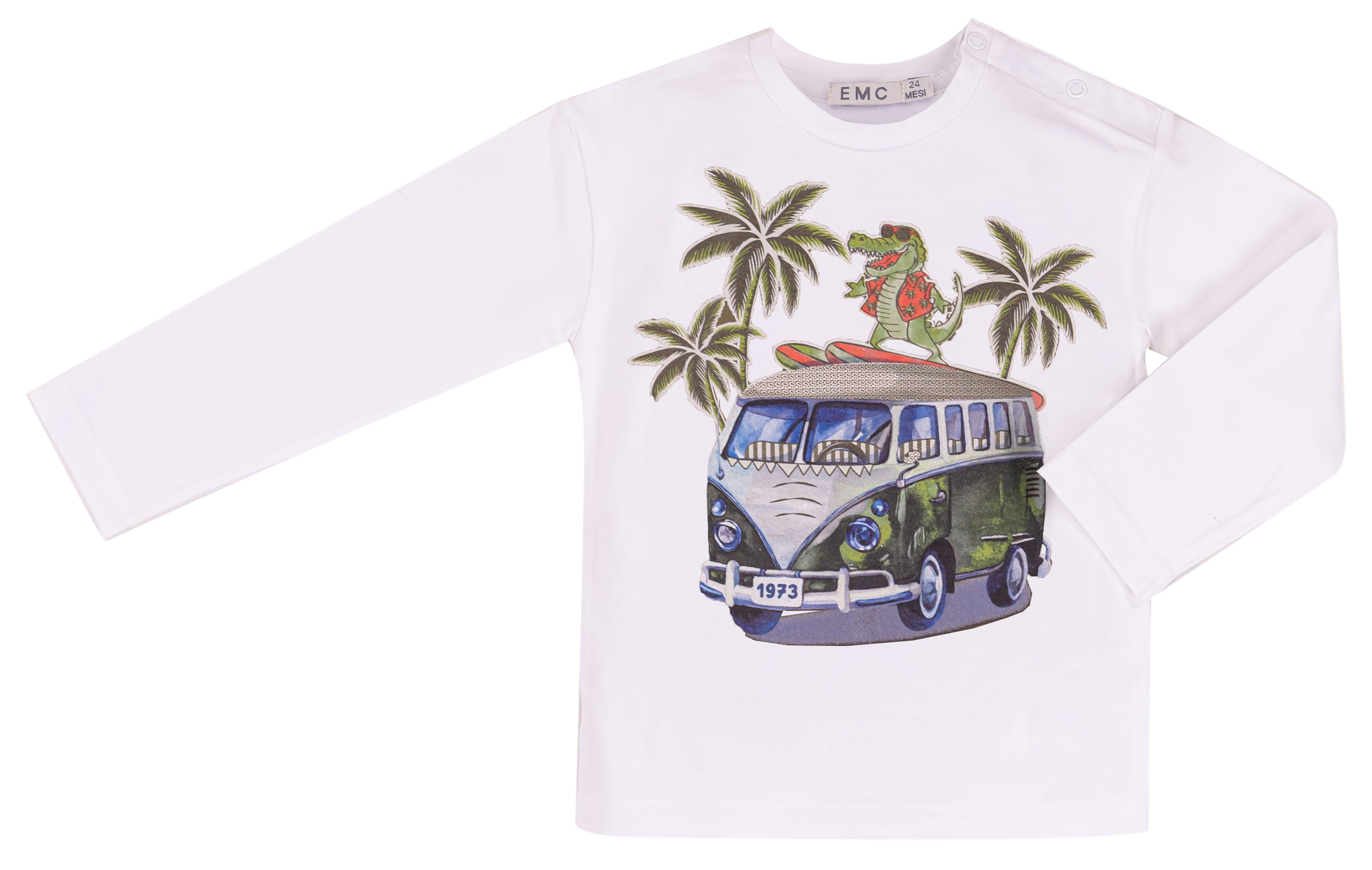 T-shirt Bambino Manica Lunga Verde Militare con Stampa Surf