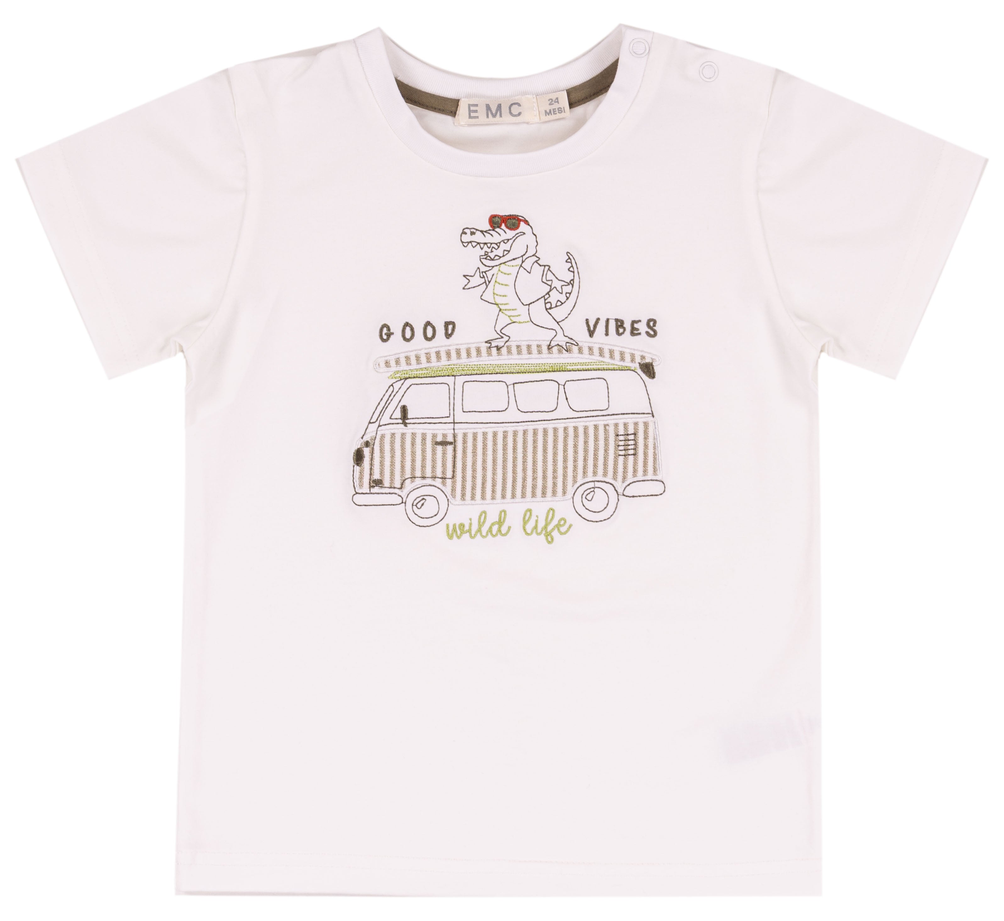 T-shirt Bambino Bianca in Cotone Elasticizzato con Ricamo Orsetto e Ippopotamo