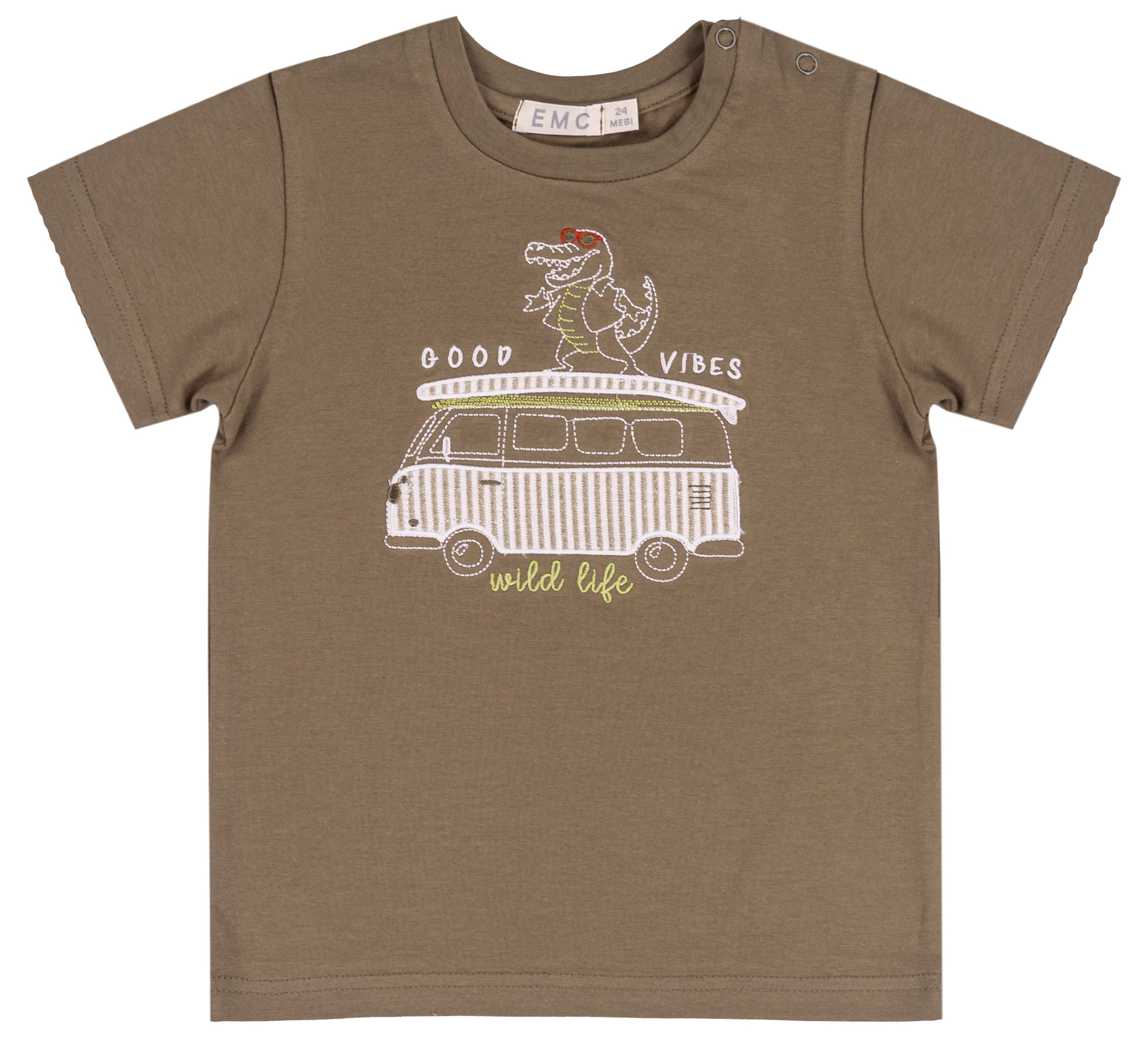 T-shirt Bambino Bianca in Cotone Elasticizzato con Ricamo Orsetto e Ippopotamo