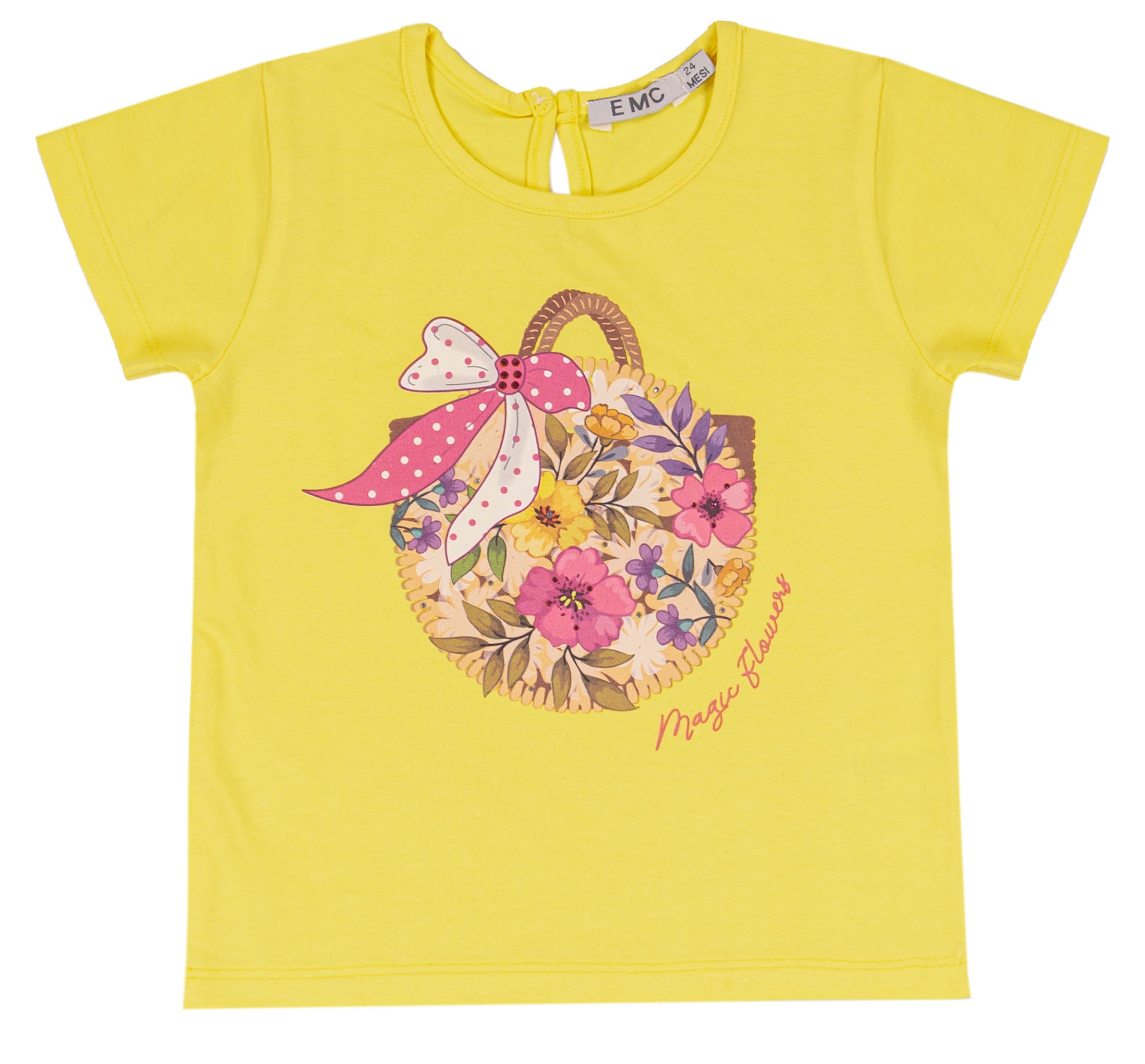 T-shirt Bambina in Cotone Elasticizzato con Stampa Cesto Floreale