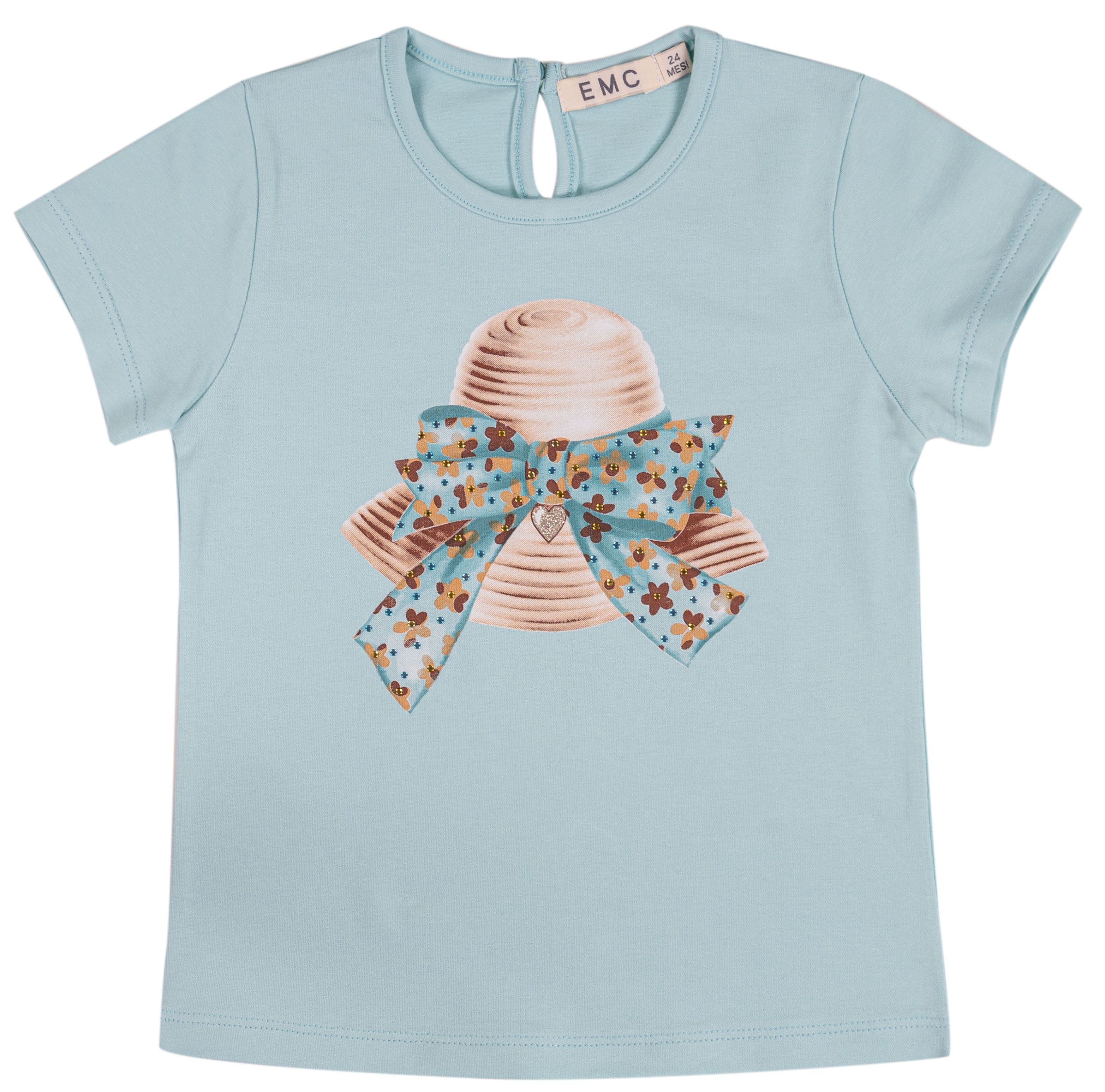 T-shirt Bambina Acquamarina con Stampa Cappello di Paglia e Fiocco