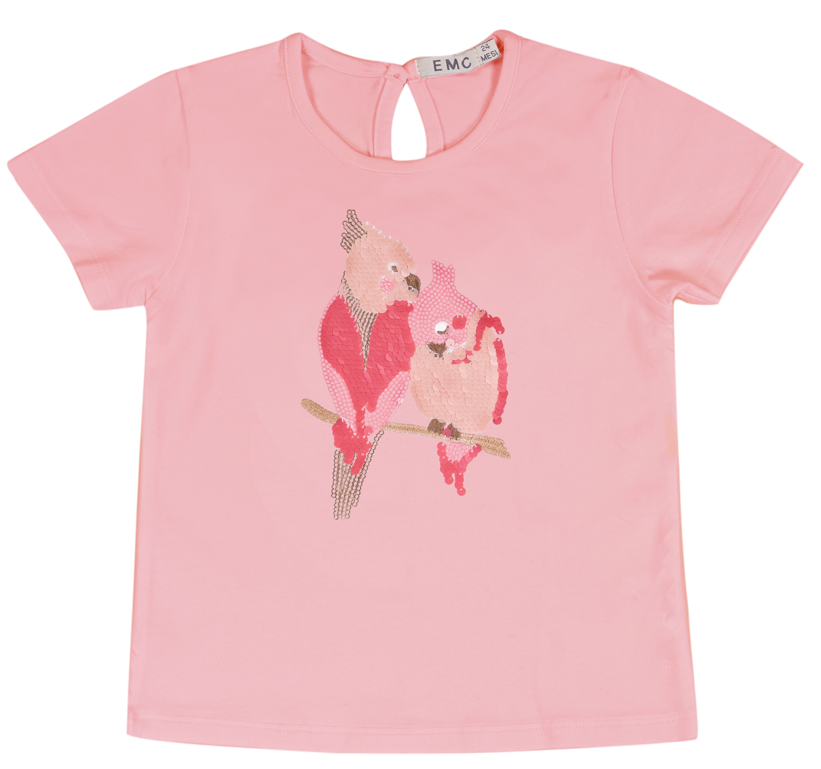 T-shirt Bimba Manica Corta in Cotone con Pappagalli in Paillettes