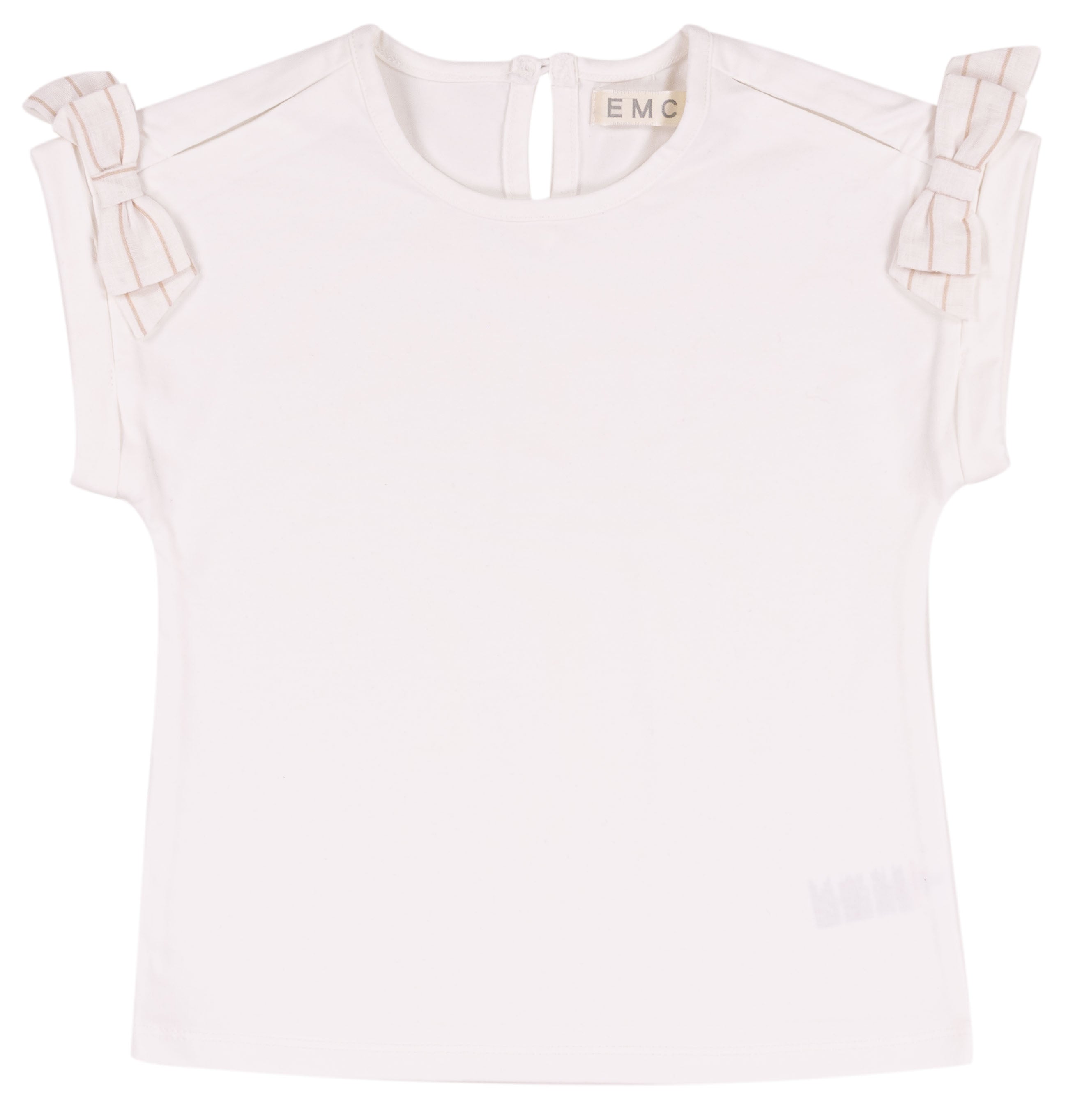 T-shirt Bambina Bianca in Cotone Elasticizzato con Fiocchi a Righe sulle Spalle