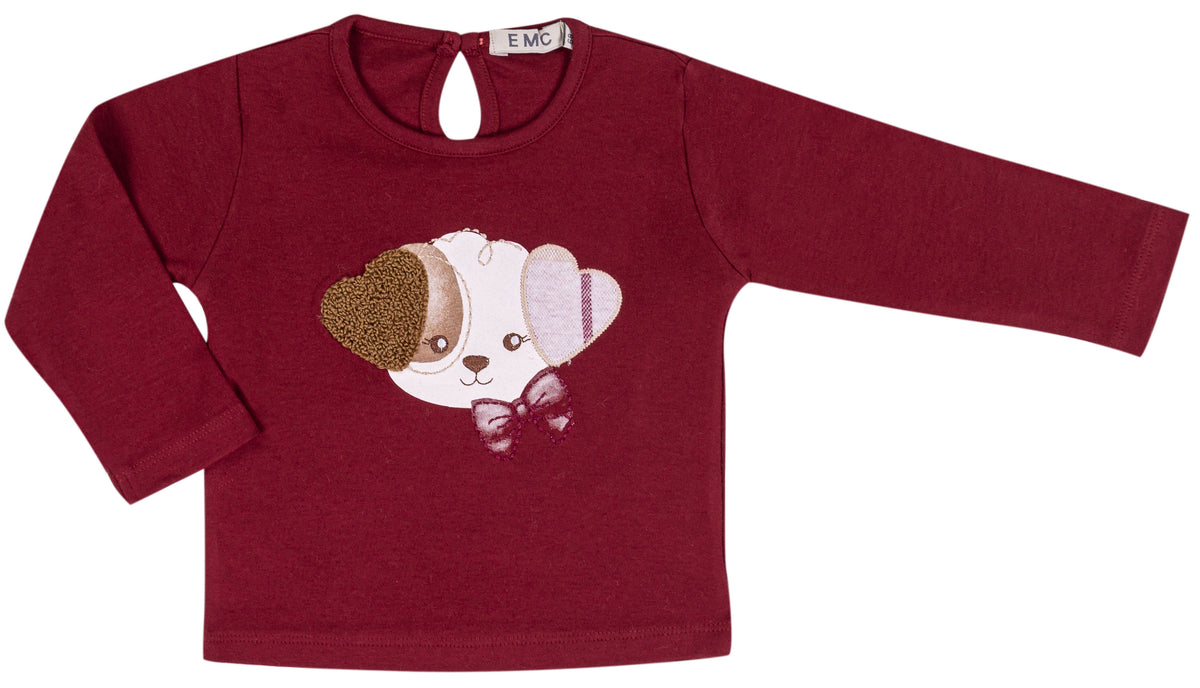 T-shirt Bimba EMC Manica Lunga con Cagnolino e Fiocco