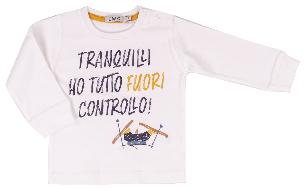 T-shirt Bimbo EMC Bianca con Scritta e Sci Stampati