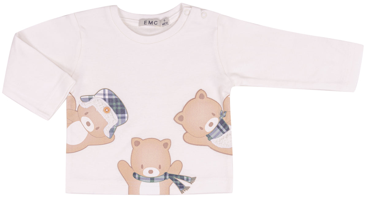 T-shirt Bimbo EMC Bianca con Orsetti e Sciarpe a Quadri