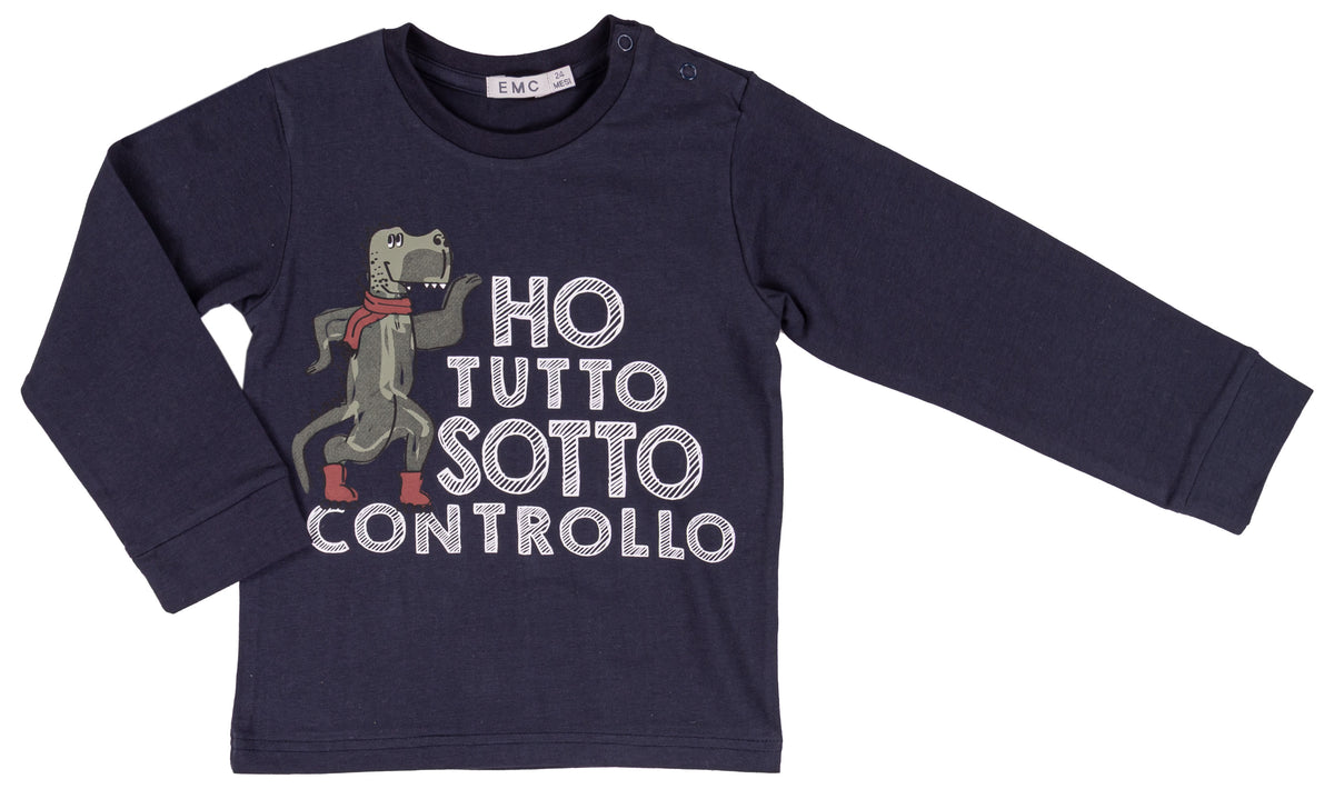 T-shirt Bimbo EMC Blu con Stampa Dinosauro e Scritta