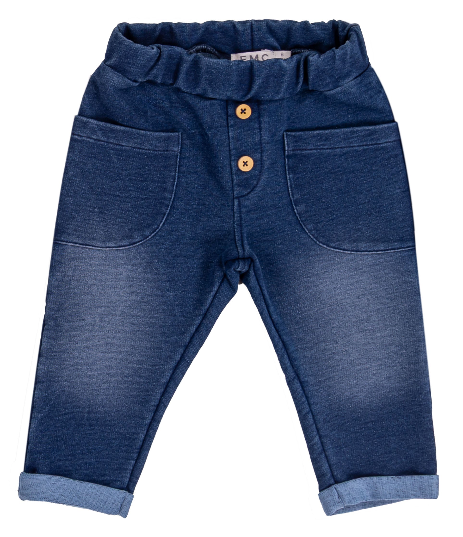 Pantalone Lungo Bambino Effetto Denim in Cotone Elasticizzato con Bottoni