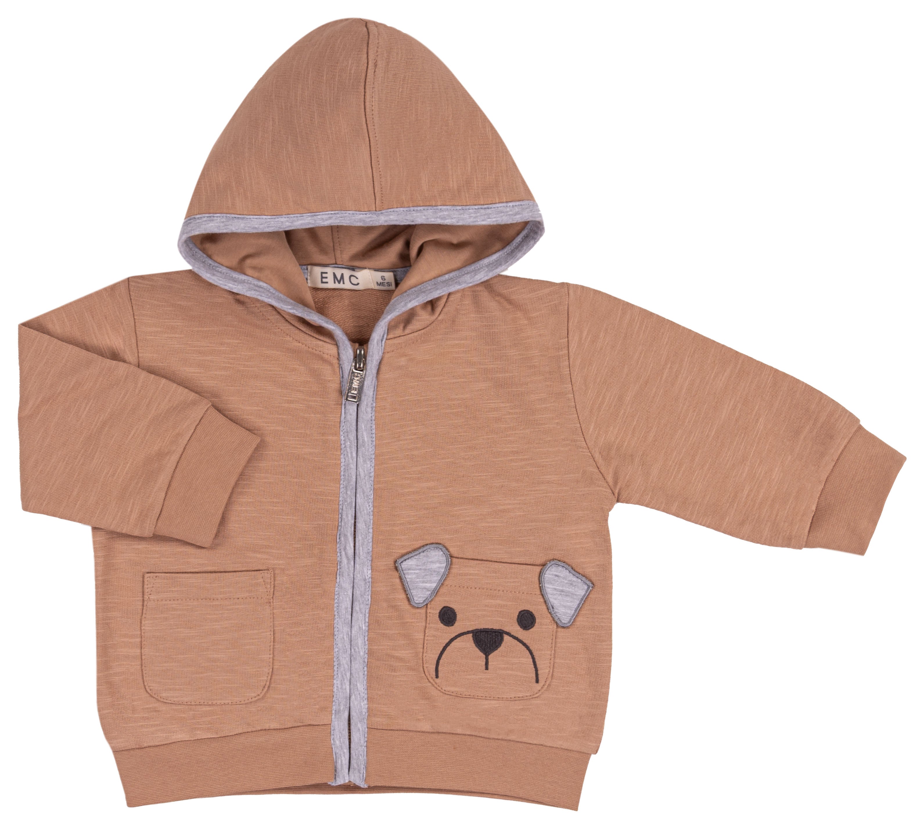 Felpa Bambino Color Mattone in 100% Cotone Slub con Zip e Cappuccio