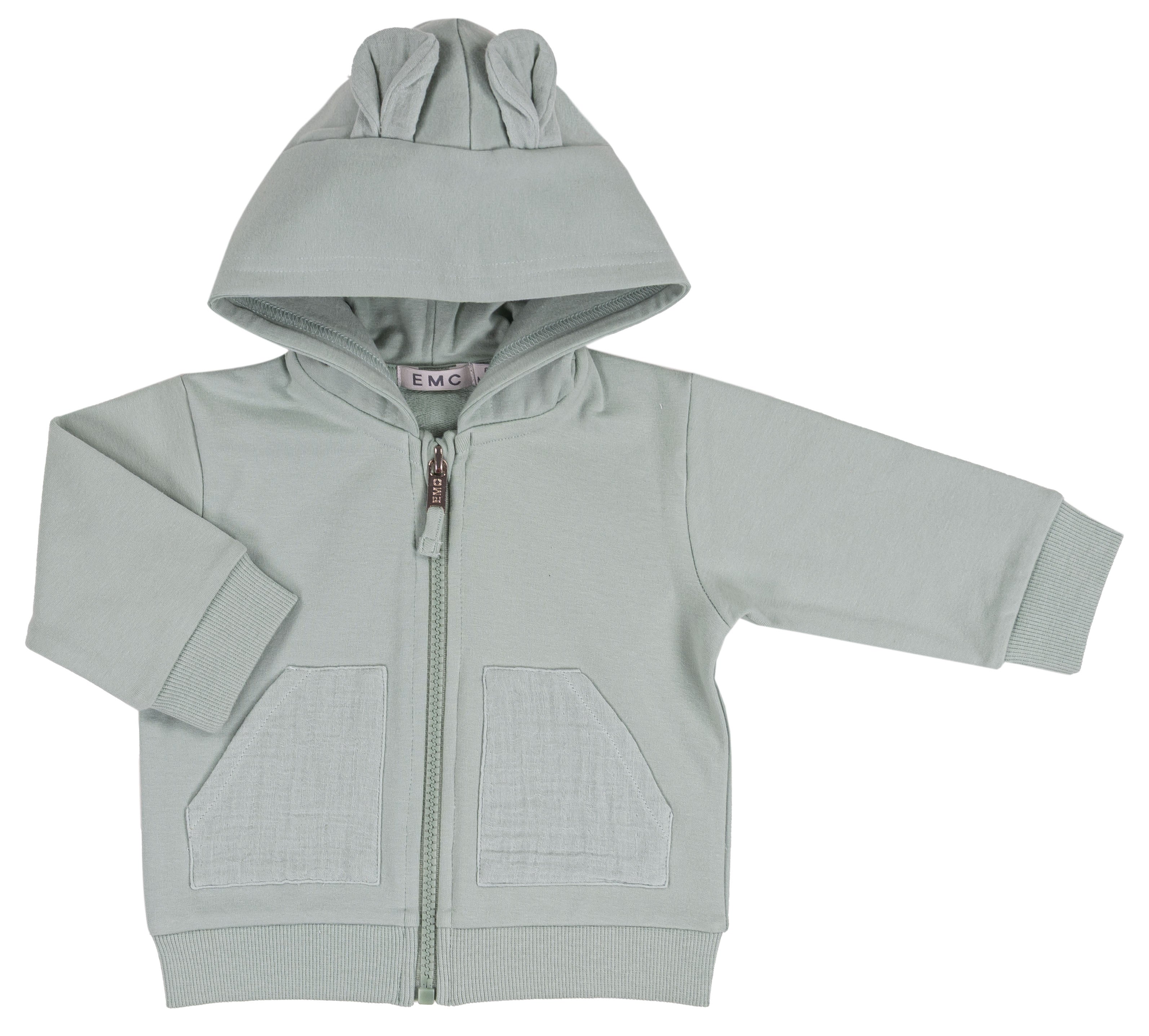 Felpa Bambino Celeste Pastello con Zip, Cappuccio e Orecchiette
