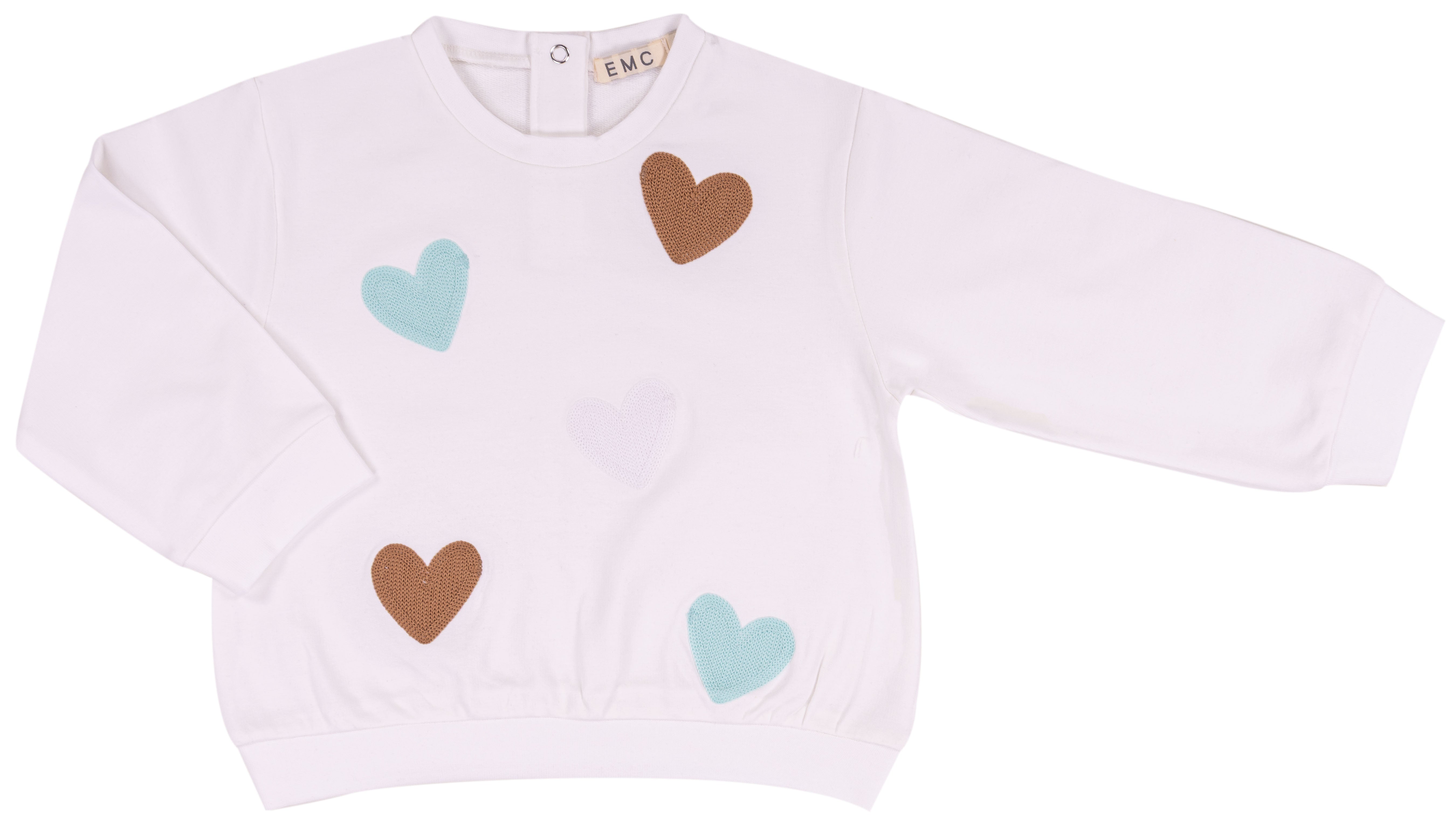 Felpa Bambina Bianca in Cotone Elasticizzato con Cuori in Rilievo