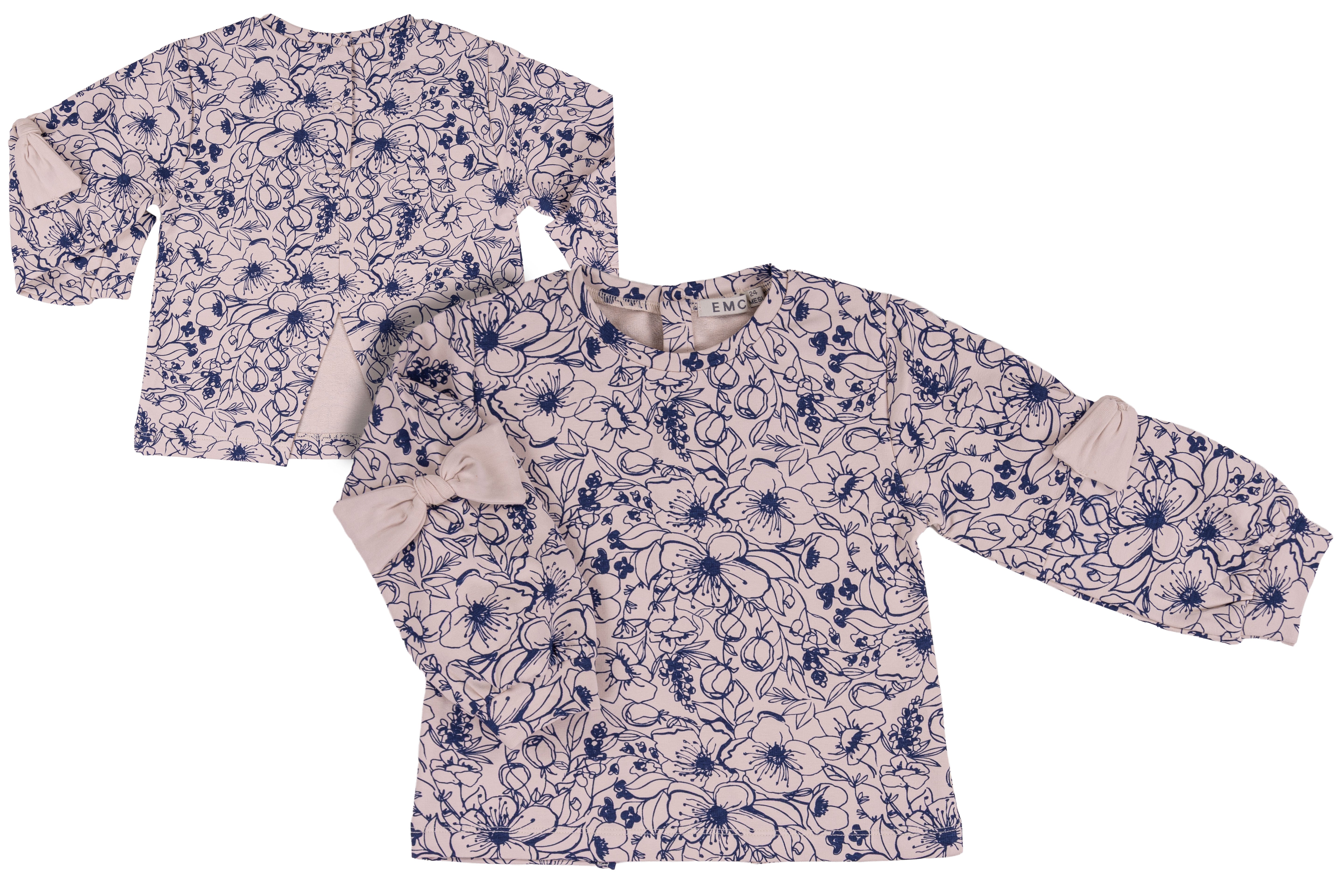 Top Bimba Manica Lunga in Cotone con Stampa Floreale e Fiocchi