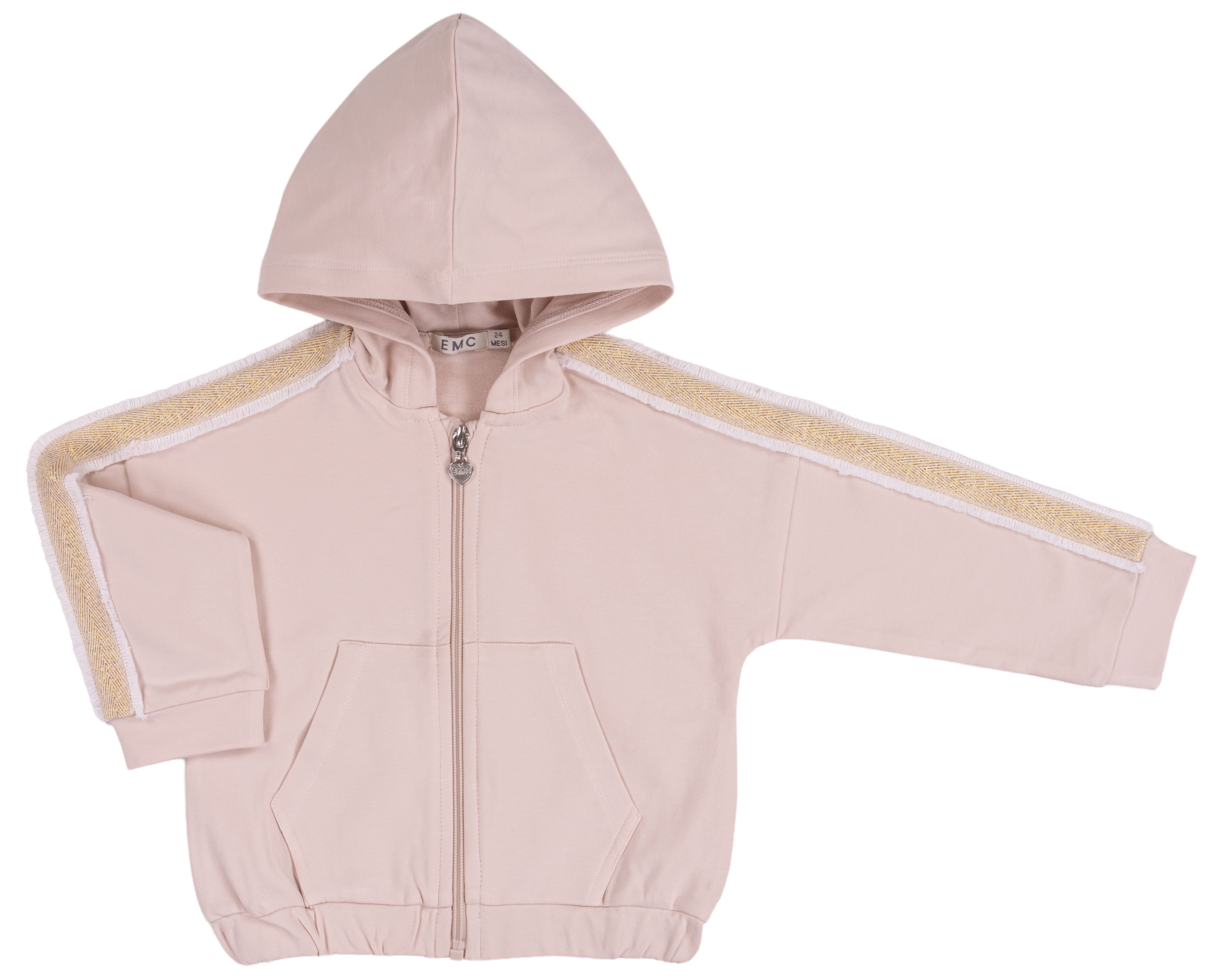 Felpa Bimba con Cappuccio e Zip Rosa Cipria con Bande Glitter Oro