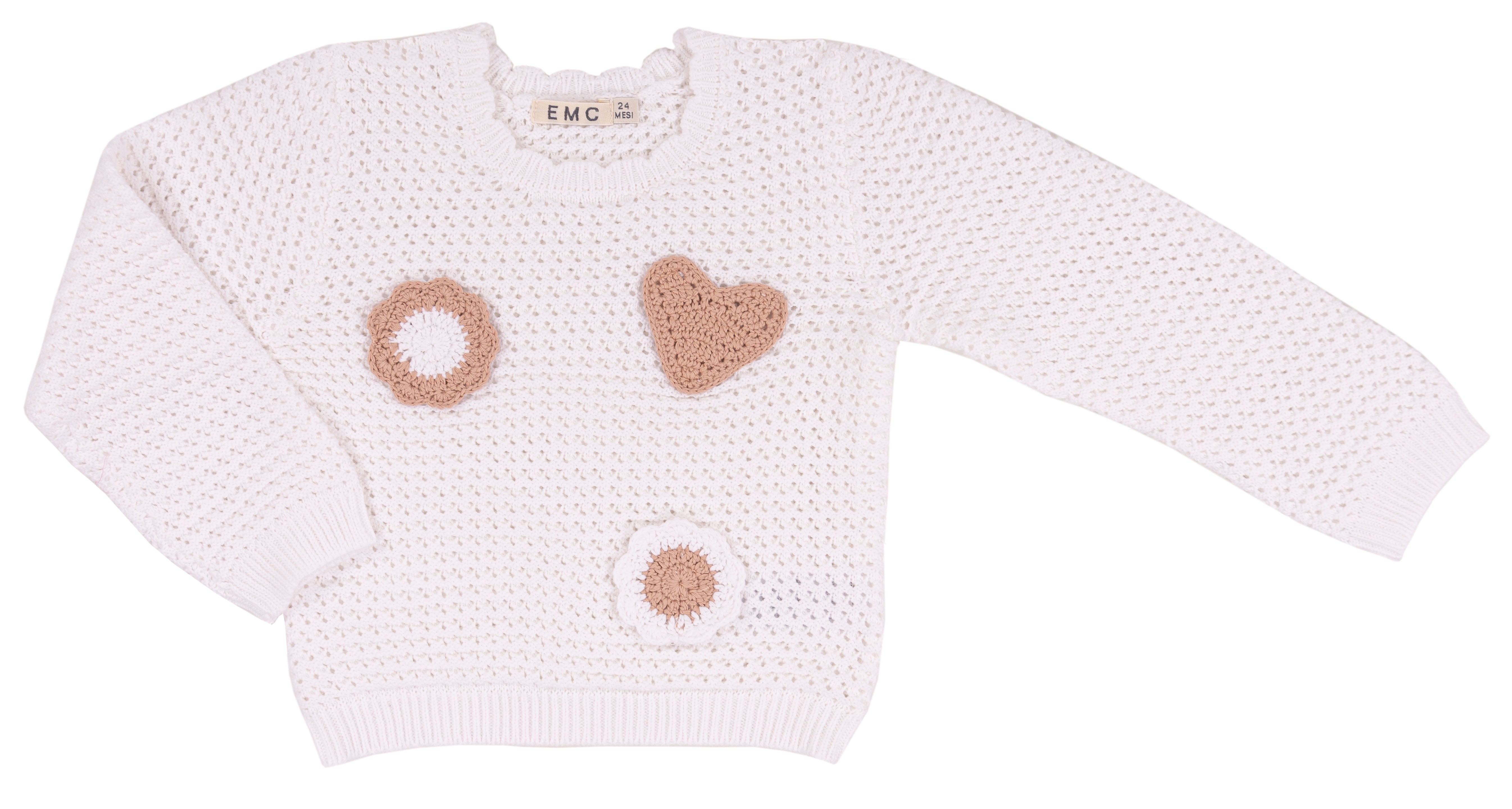 Maglioncino Bambina Bianco in Cotone Ajour con Applicazioni Crochet