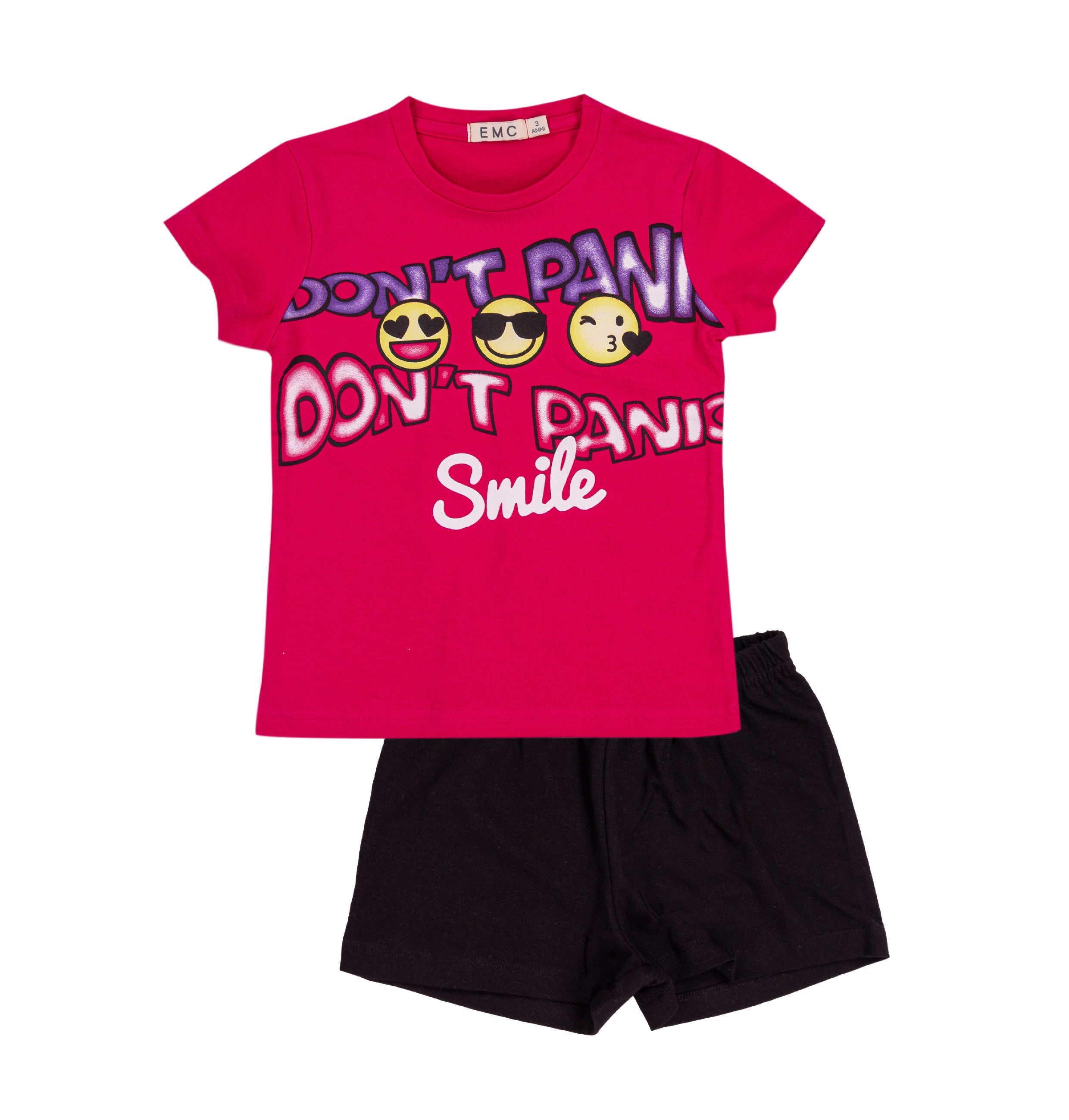 Completo Bimba EMC "Smile & Emoji" | T-shirt Fucsia e Shorts Neri