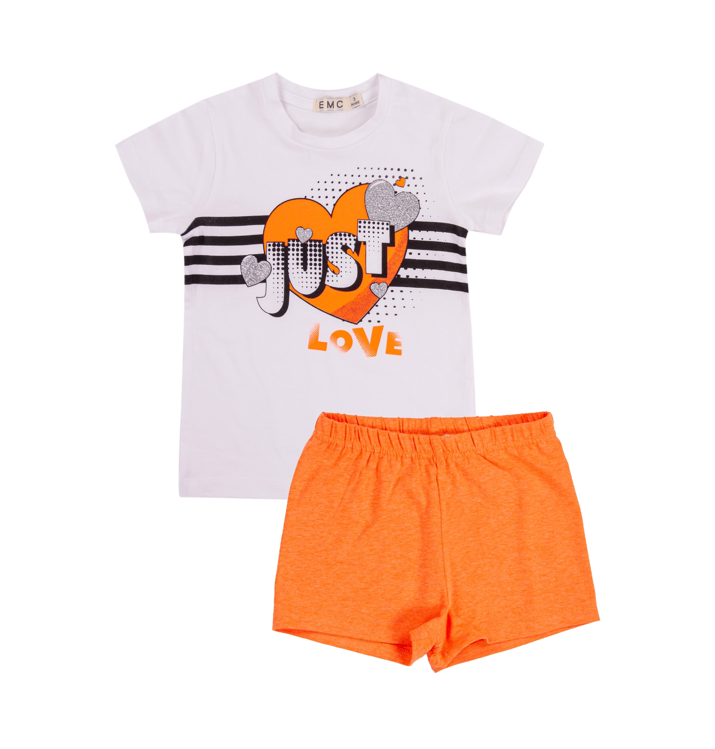 Completo Bimba EMC "Just Love" | T-shirt con Cuori e Shorts Arancioni