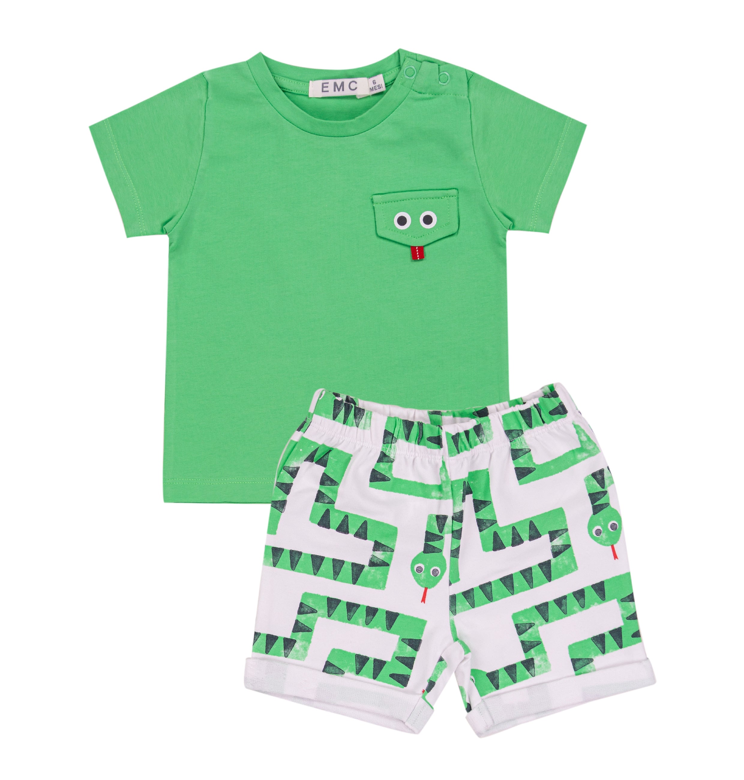 Completo Bimbo EMC "Funny Snake" | T-shirt Verde con Taschino e Shorts a Fantasia