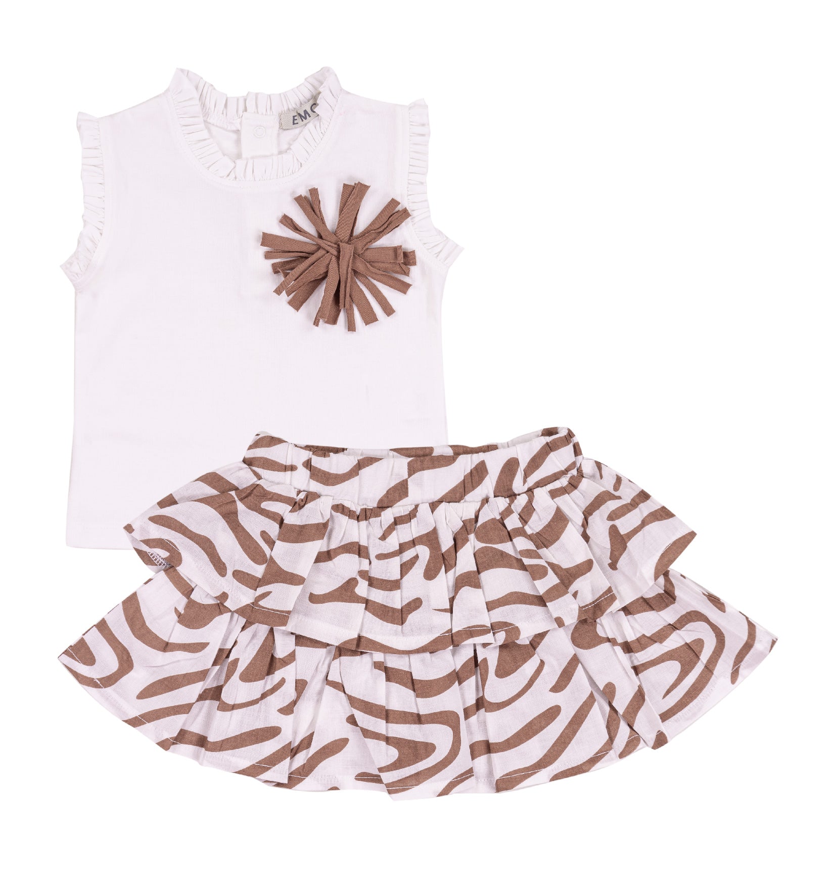 Completo Bimba EMC in Cotone | Canotta Bianca con Fiore e Gonna a Balze Zebra