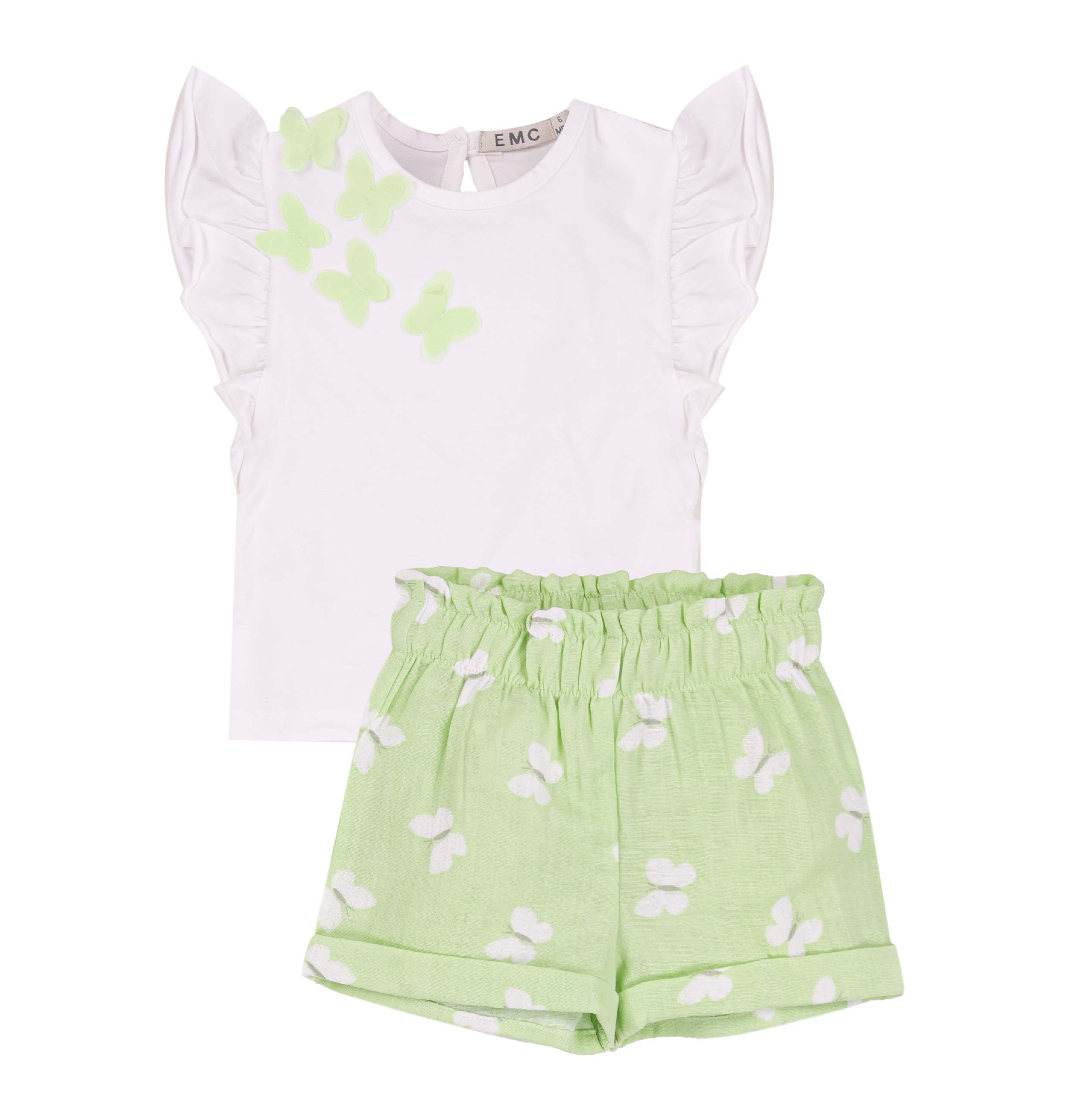 Completo Bimba EMC "Volo di Farfalle" | Top con Volant e Shorts Verde Pastello