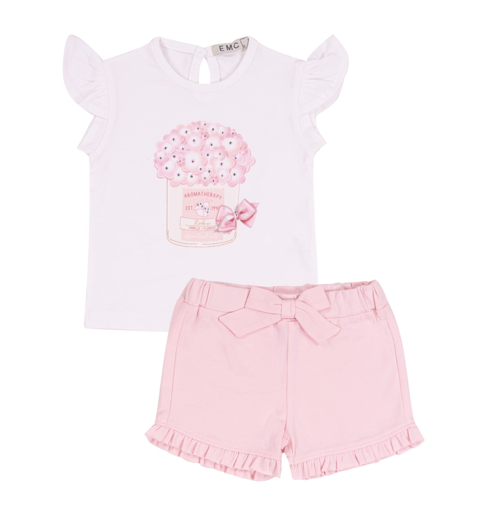 Completo Bimba EMC "Pink Aromatherapy" | T-shirt con Volant e Shorts con Fiocco