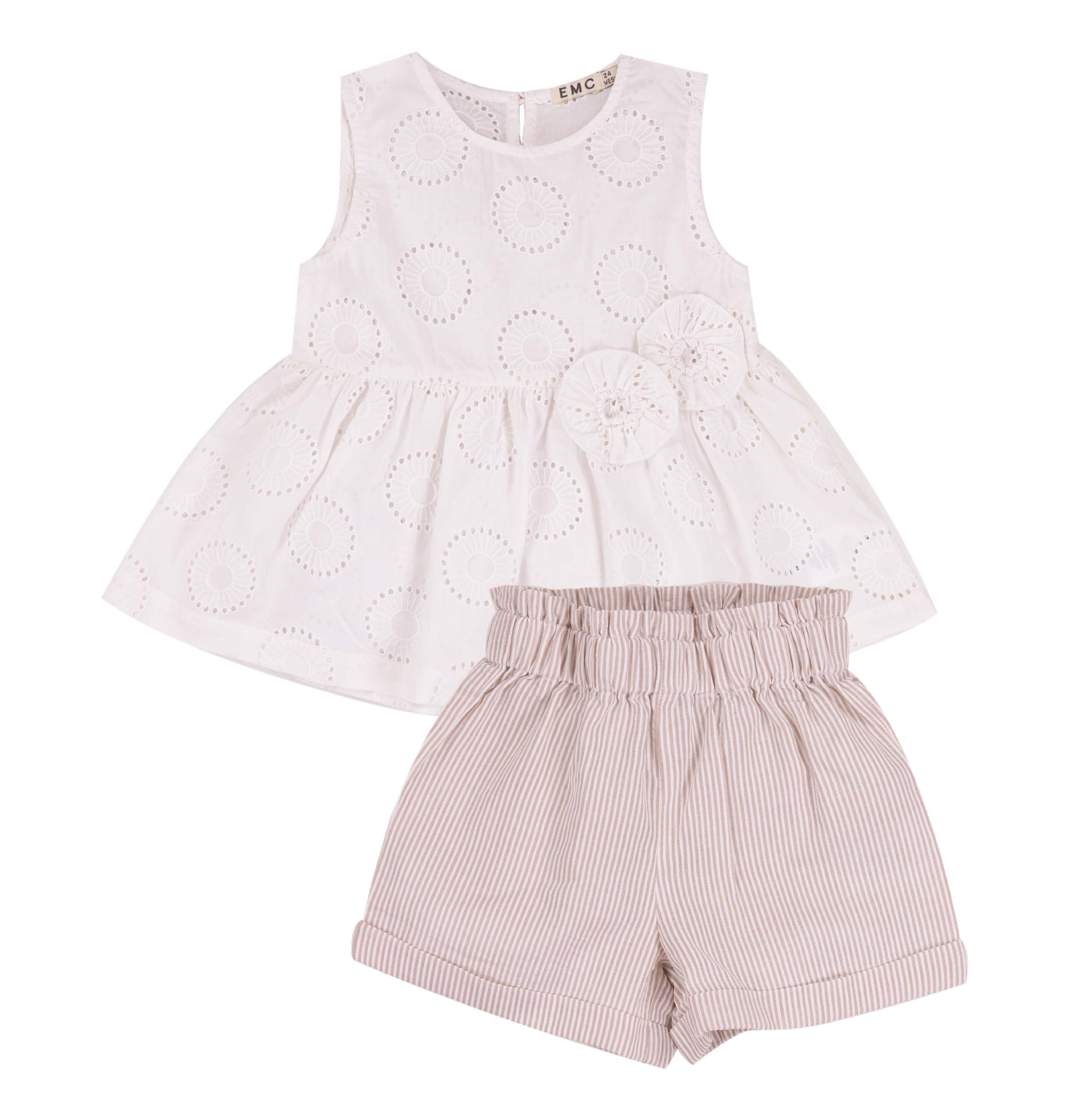 Completo Bimba EMC "Romantico Sangallo" | Top a Gonnellina e Shorts a Righe