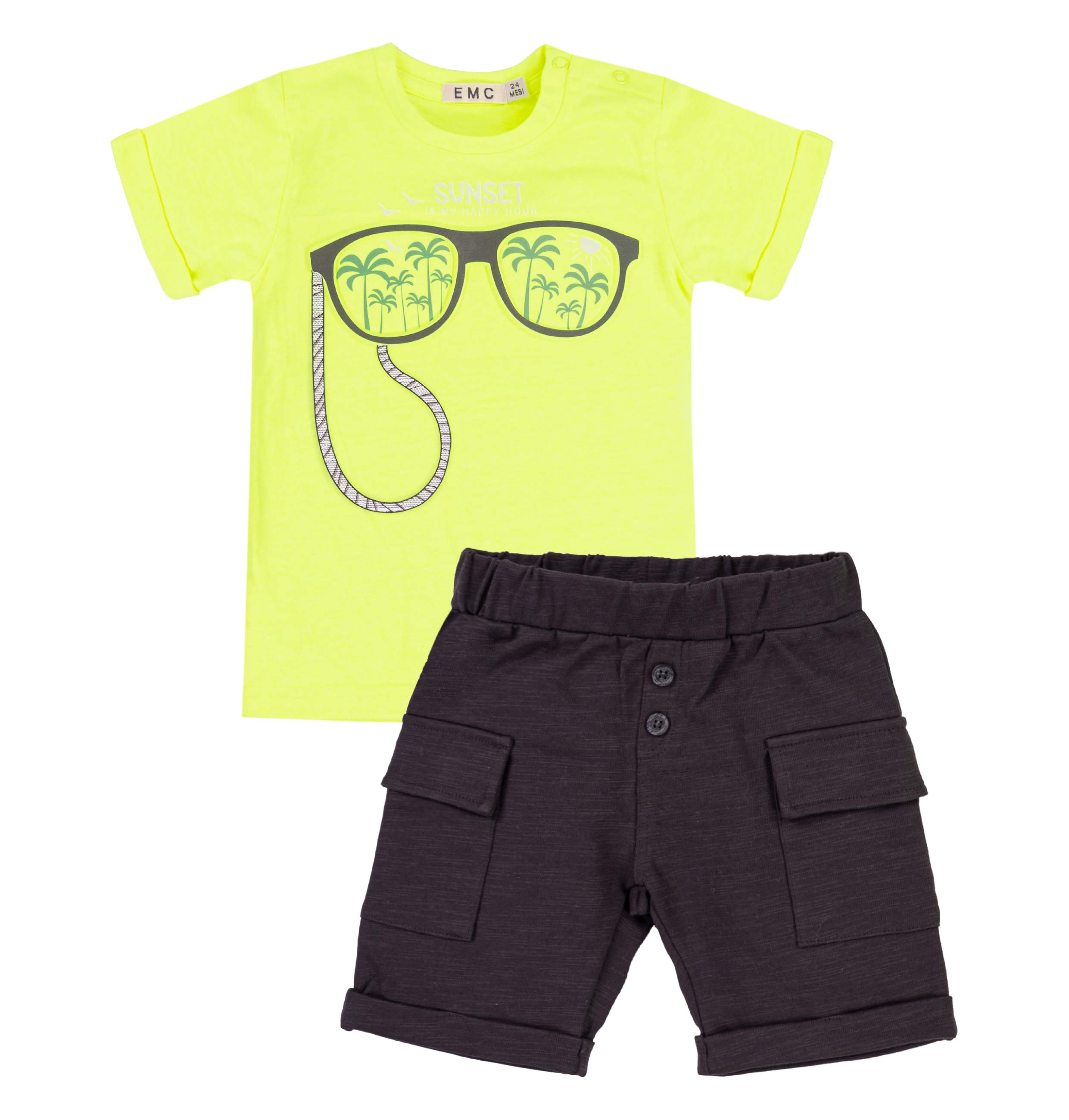 Completo Bimbo EMC "Sunset" | T-shirt Lime e Shorts Cargo Neri