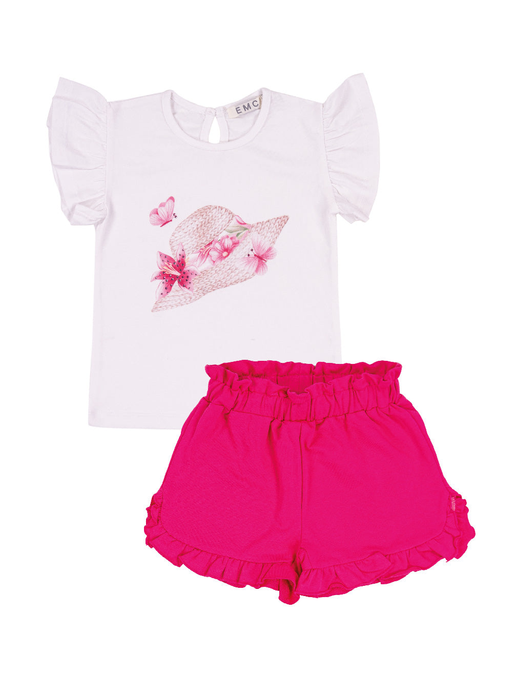 Completo Bimba EMC "Summer Hat" | T-shirt con Volant e Shorts Fucsia