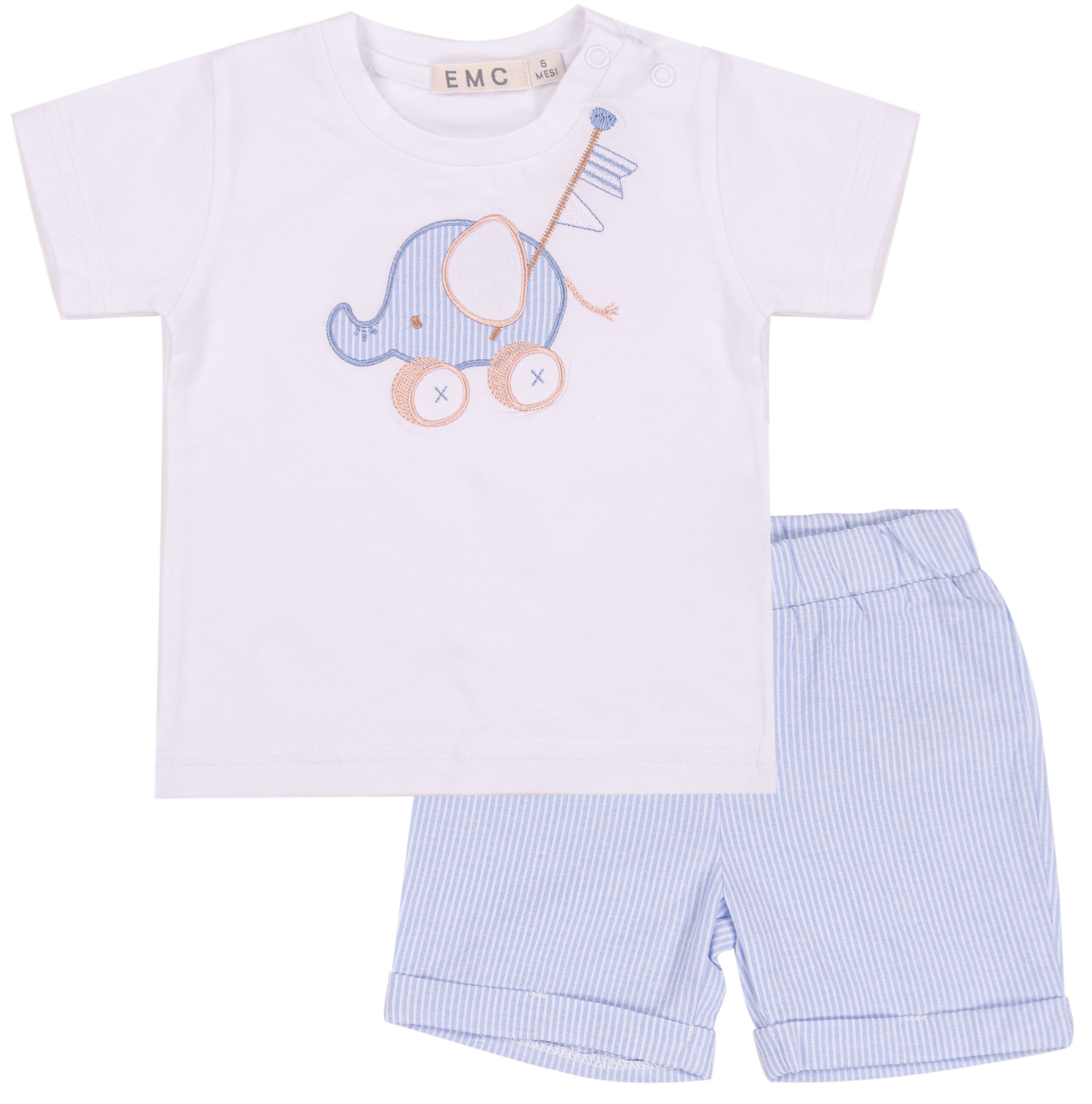 Completo Estivo Bambino Bianco e Celeste con Elefante Ricamato