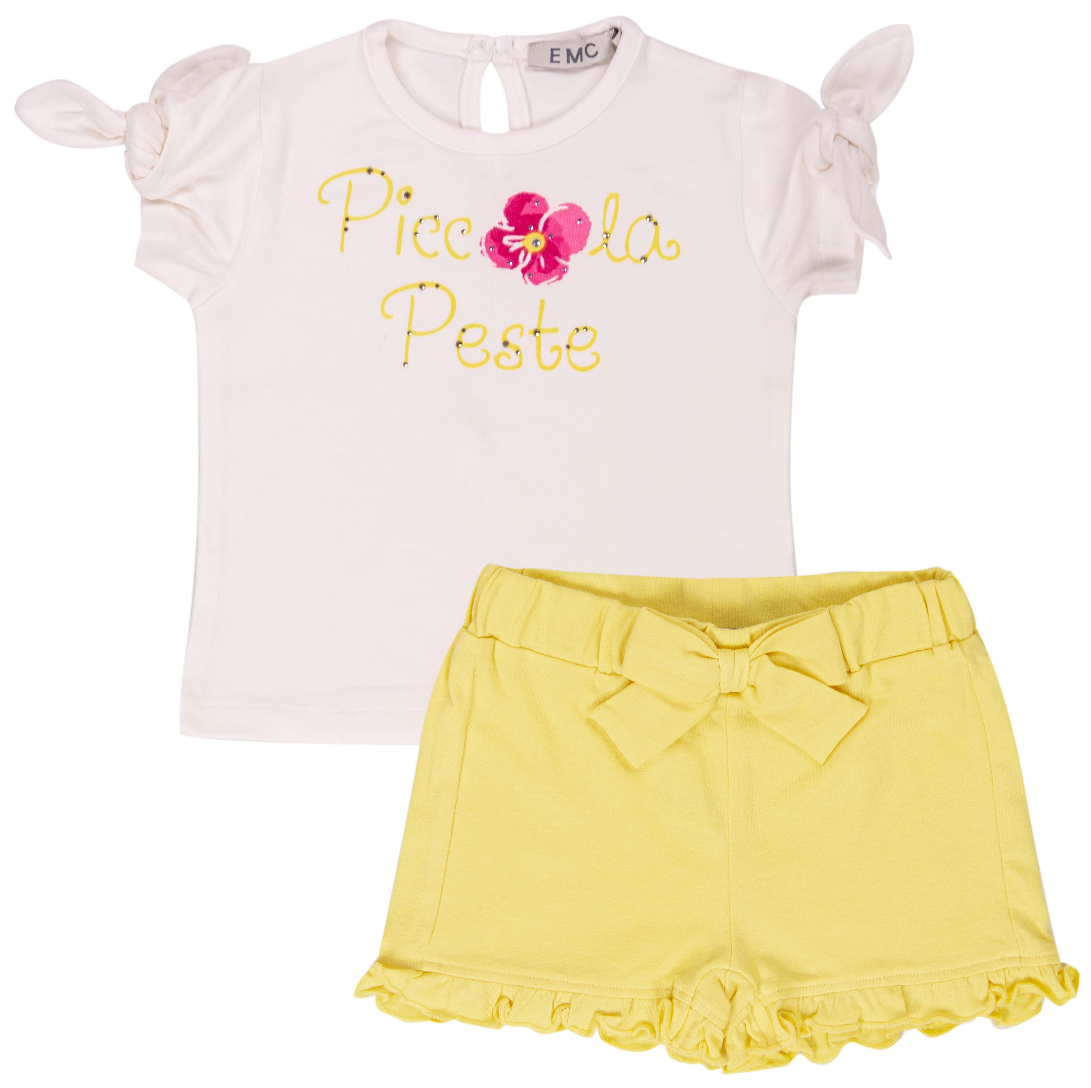 Completo Estivo Bambina Bianco e Giallo "Piccola Peste" in Cotone