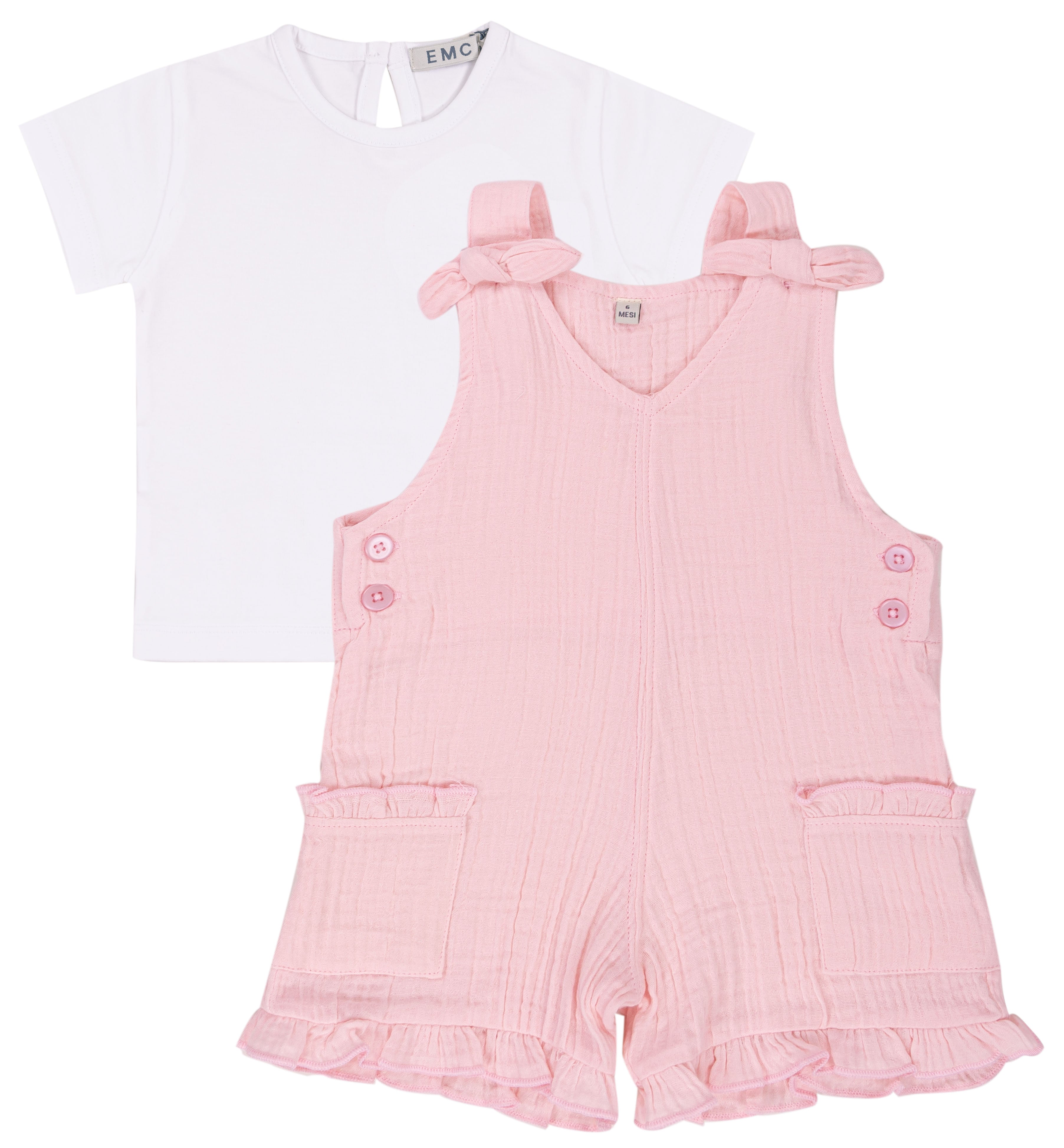 Completo Corto Bambina con Salopette in Mussola di Cotone e T-Shirt