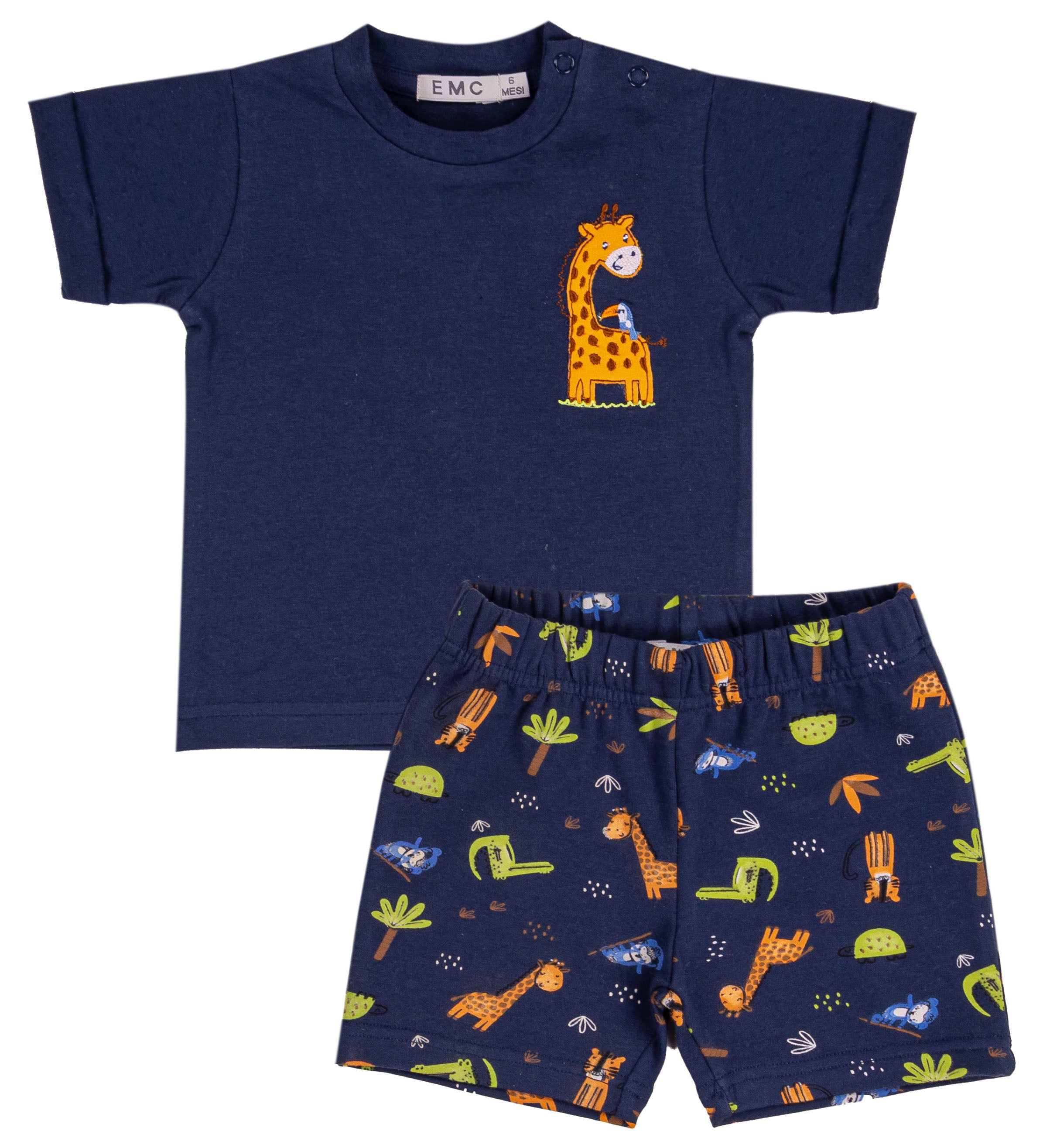 Completo Estivo Bambino Blu Navy con T-shirt Giraffa e Shorts Fantasia Jungle