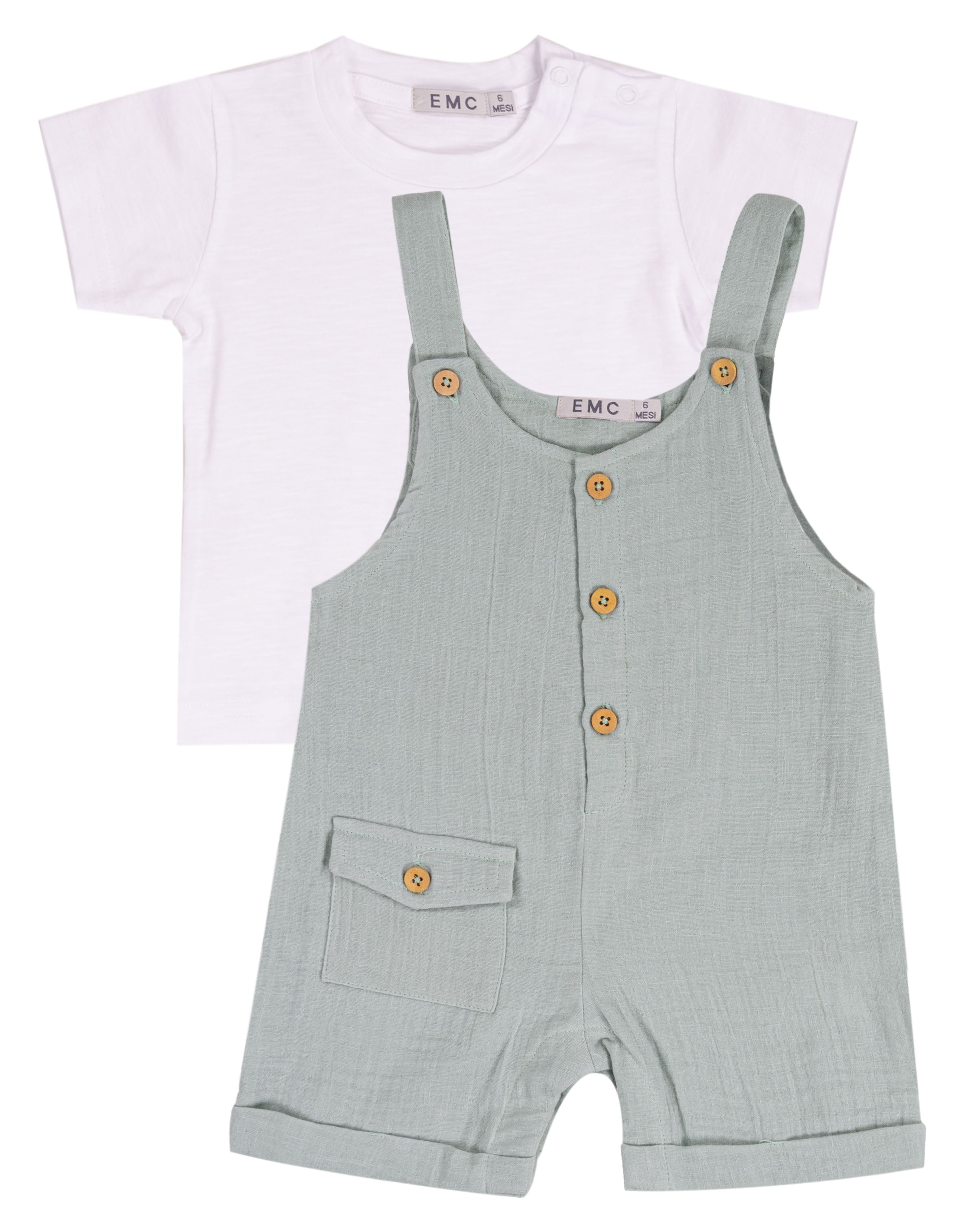 Completo Estivo Bambino Bianco e Verde Salvia con T-shirt e Salopette in Cotone
