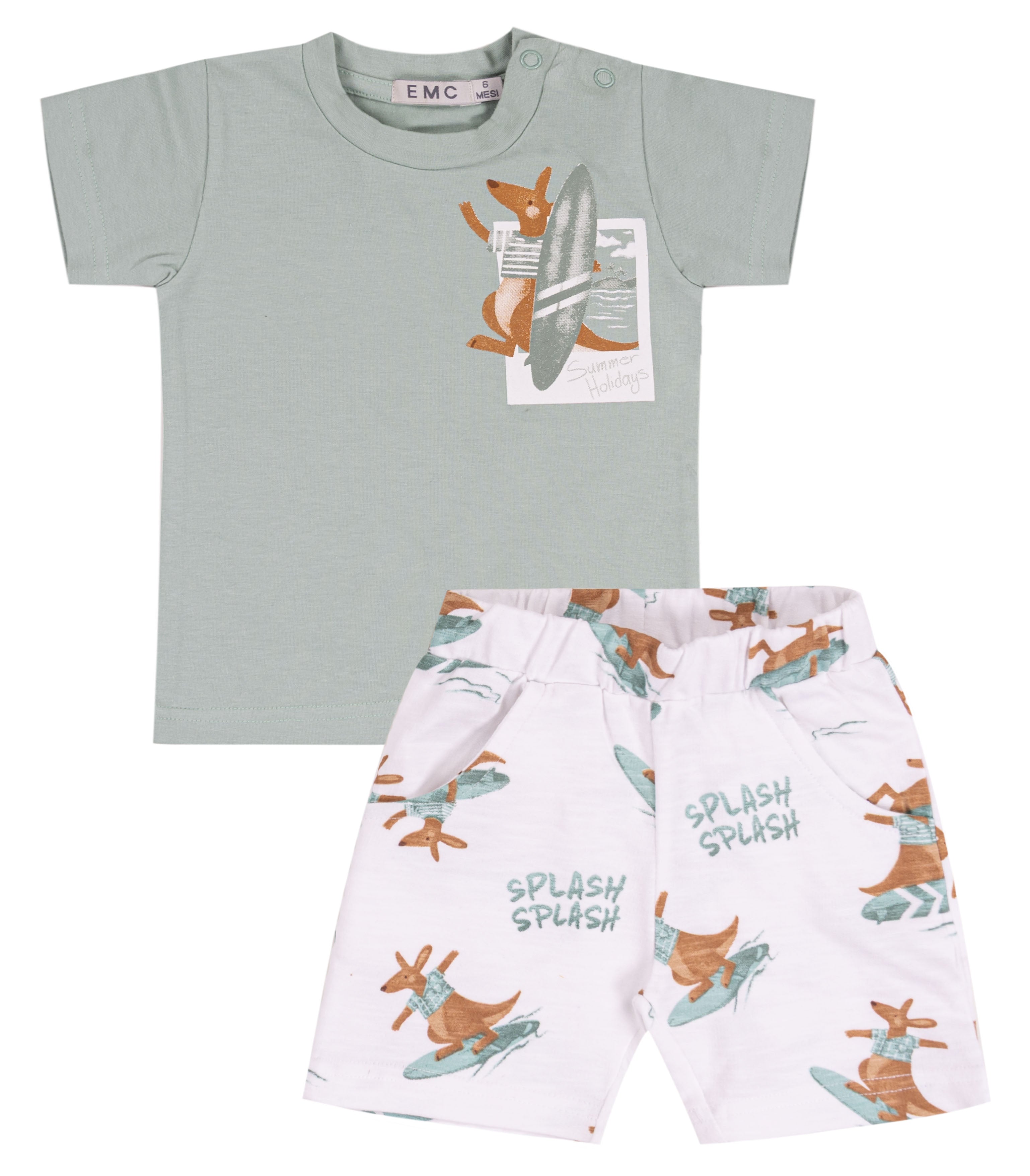 Completo Estivo Bambino Verde Salvia e Bianco "Kangaroo Surfer" in Cotone