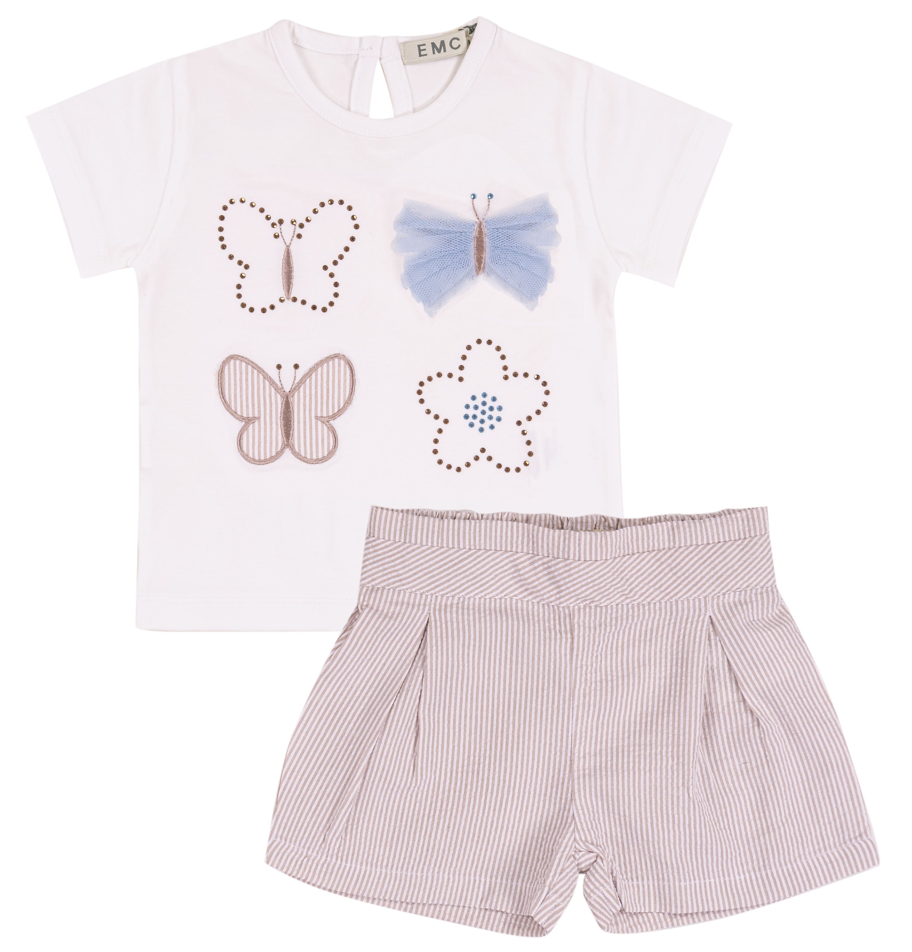 Completo Corto Bambina con T-Shirt Decorata e Shorts a Righe