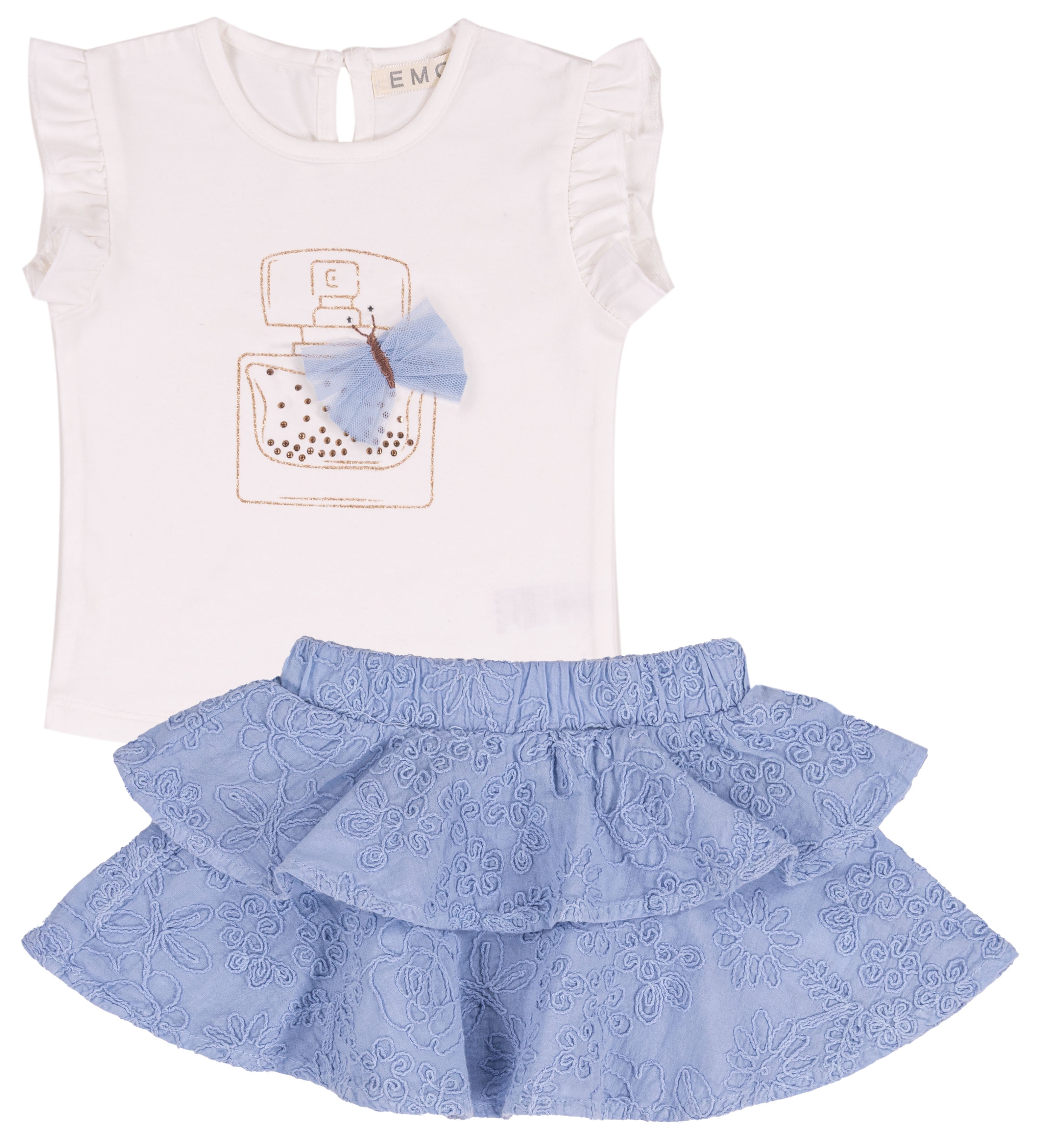 Completo Bimba Bianco e Celeste con Gonna a Balze in Sangallo