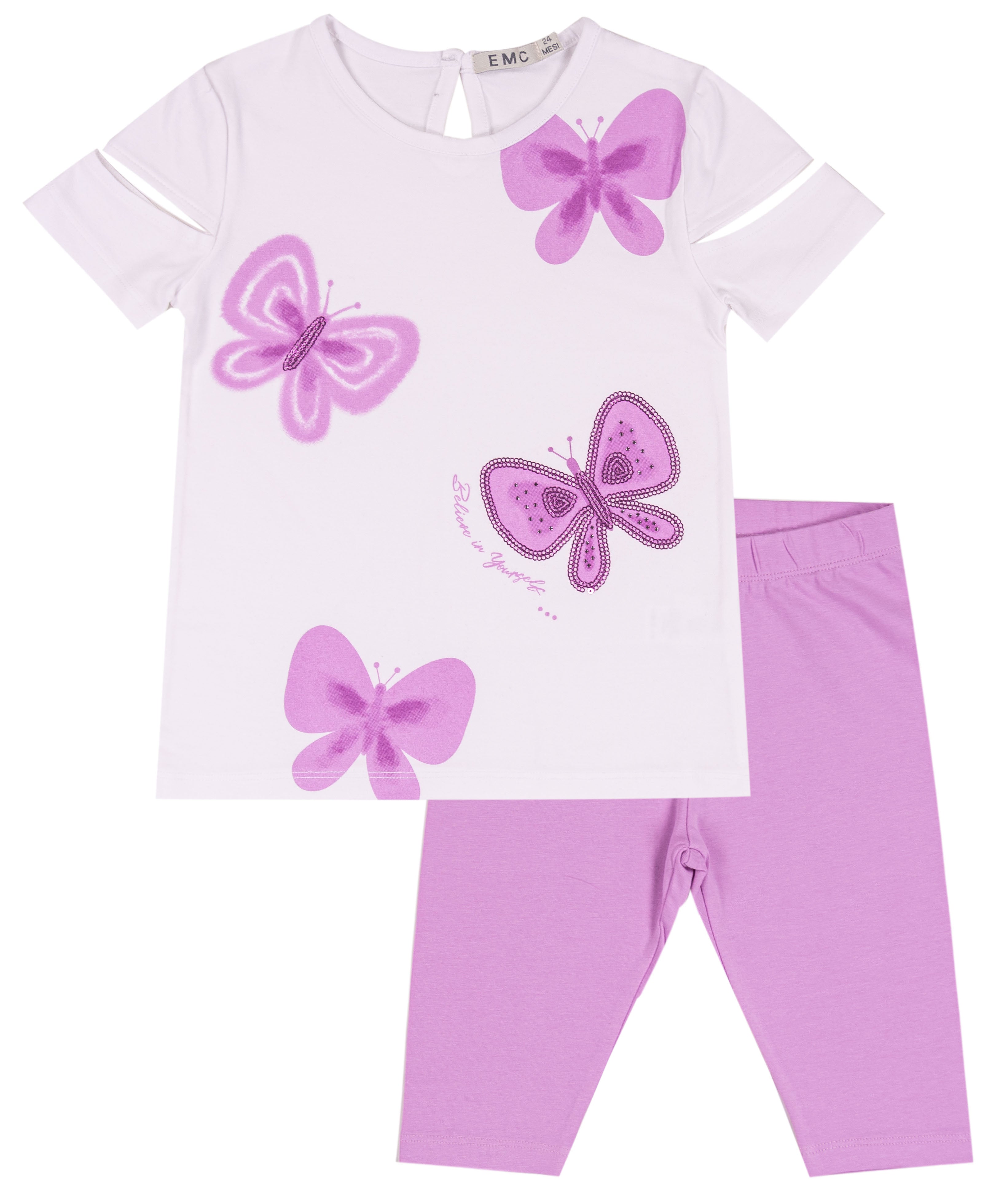 Completo Bimba Bianco e Lilla con T-shirt Farfalle e Leggings